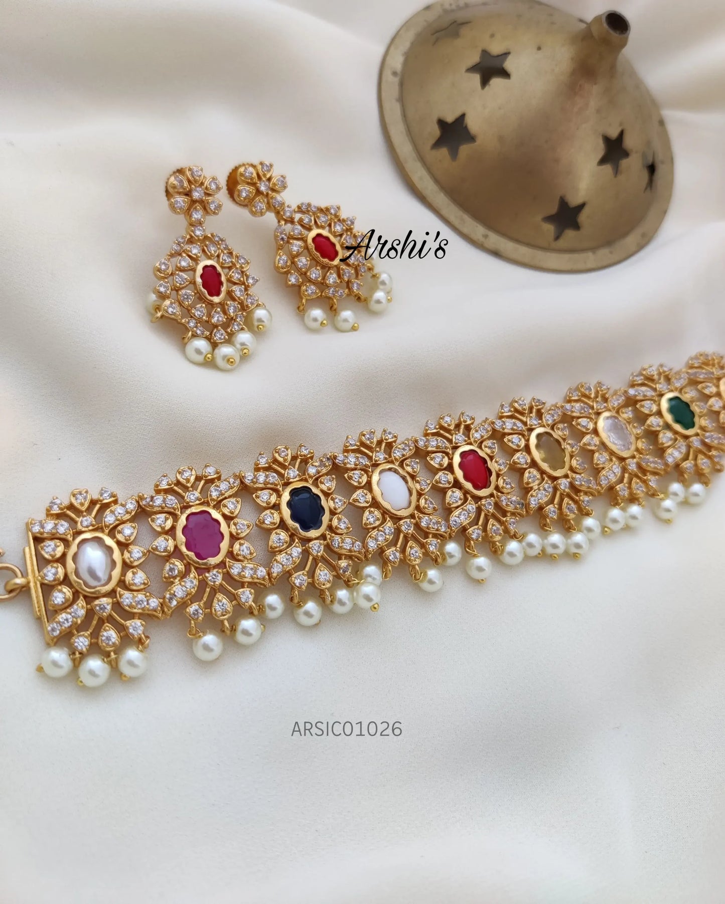 Navarathna Stone Pearl Drop Choker