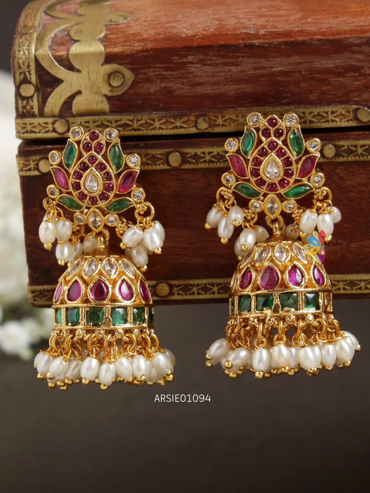 Pure Kemp Stone with Rice Pearl Jhumka