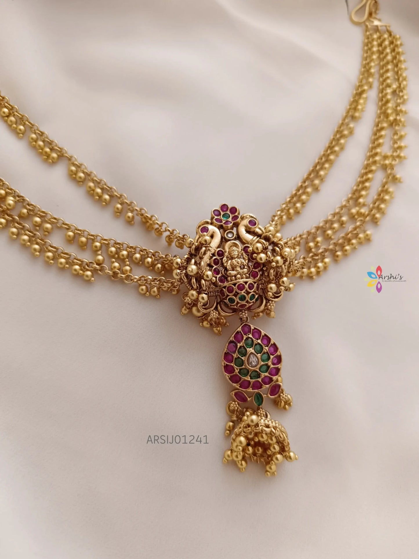 Temple and Peacock Hair Brooch with Gold Bead Chain