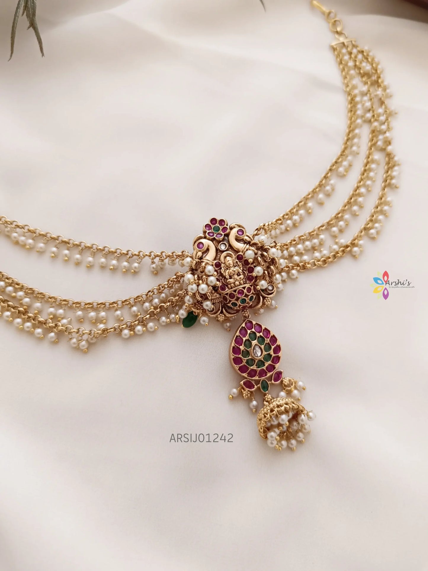 Temple and Peacock Hair Brooch with Pearl Chain