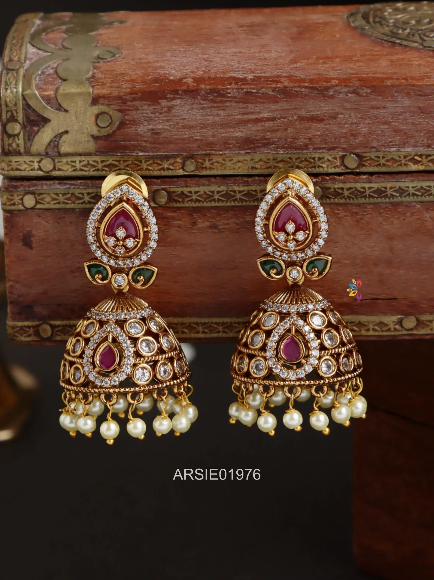 Leaf Design Multi Stone Jhumka
