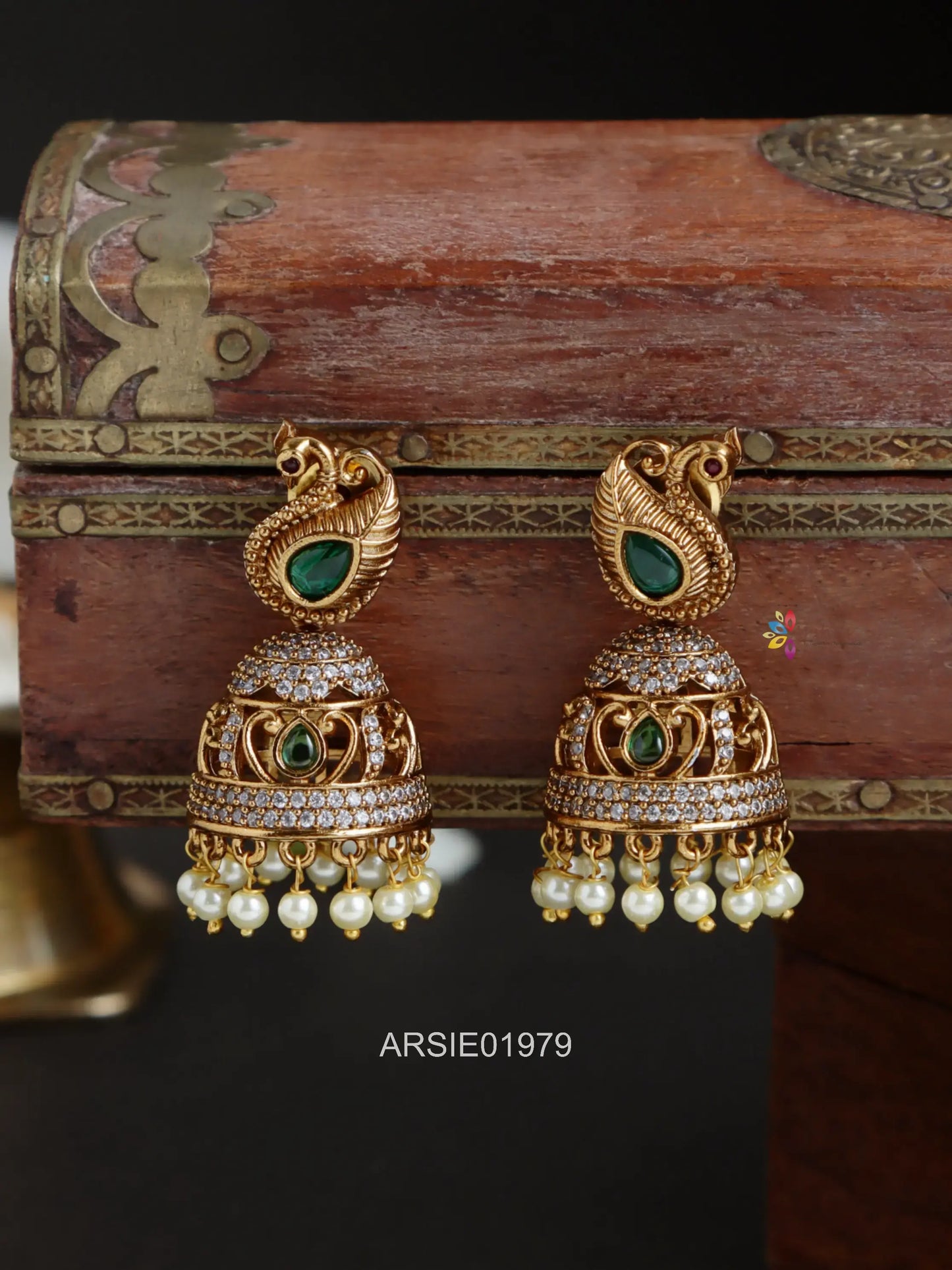 Peacock Emerald and White Stone Jhumka