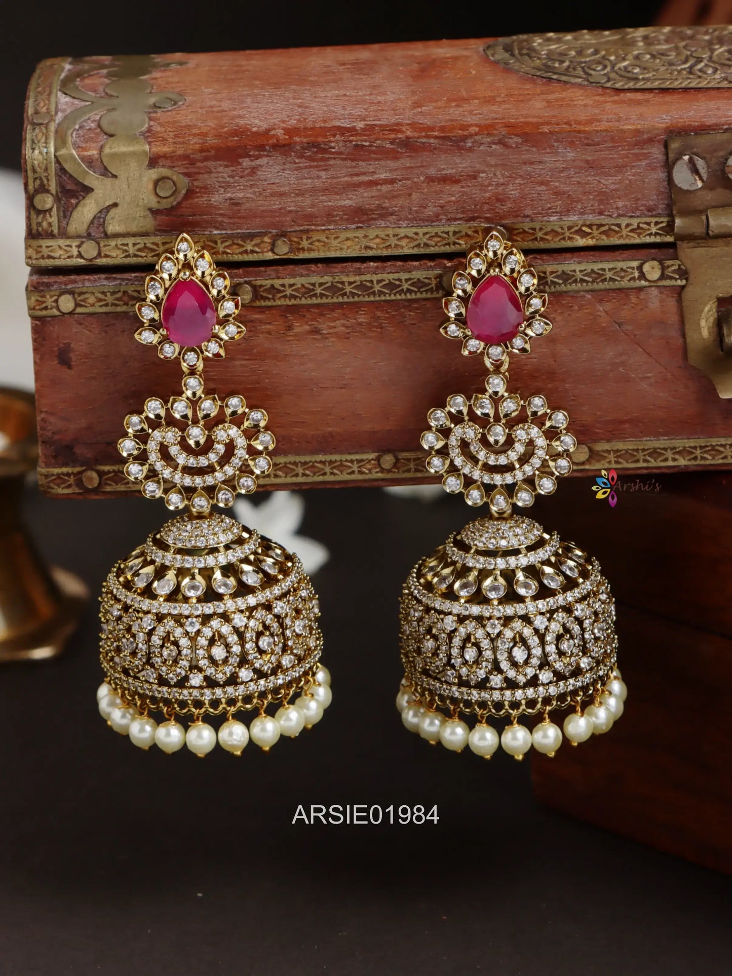 Red and White Stone Long Jhumka
