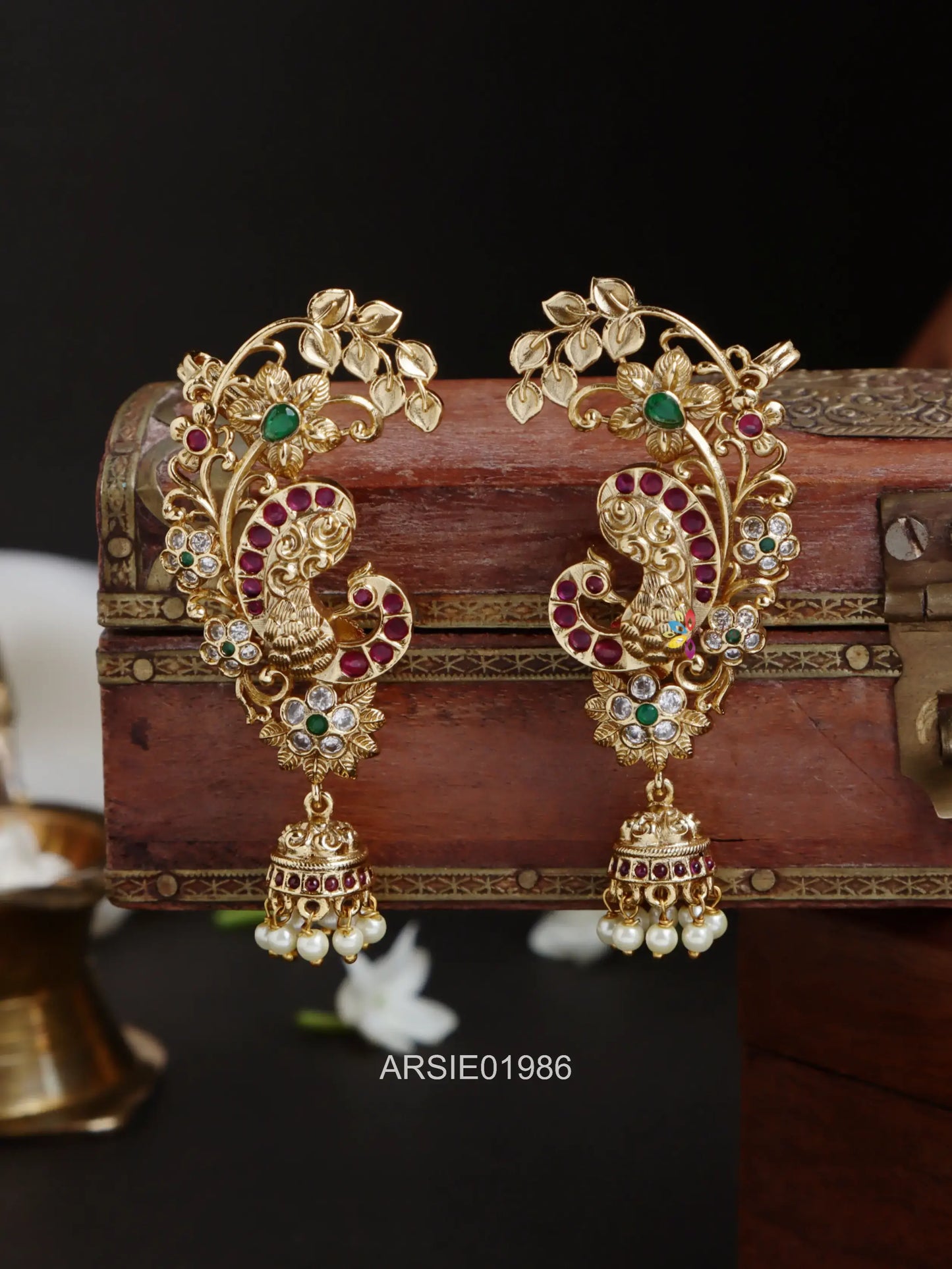 Peacock and Leaf Design Earcuffs