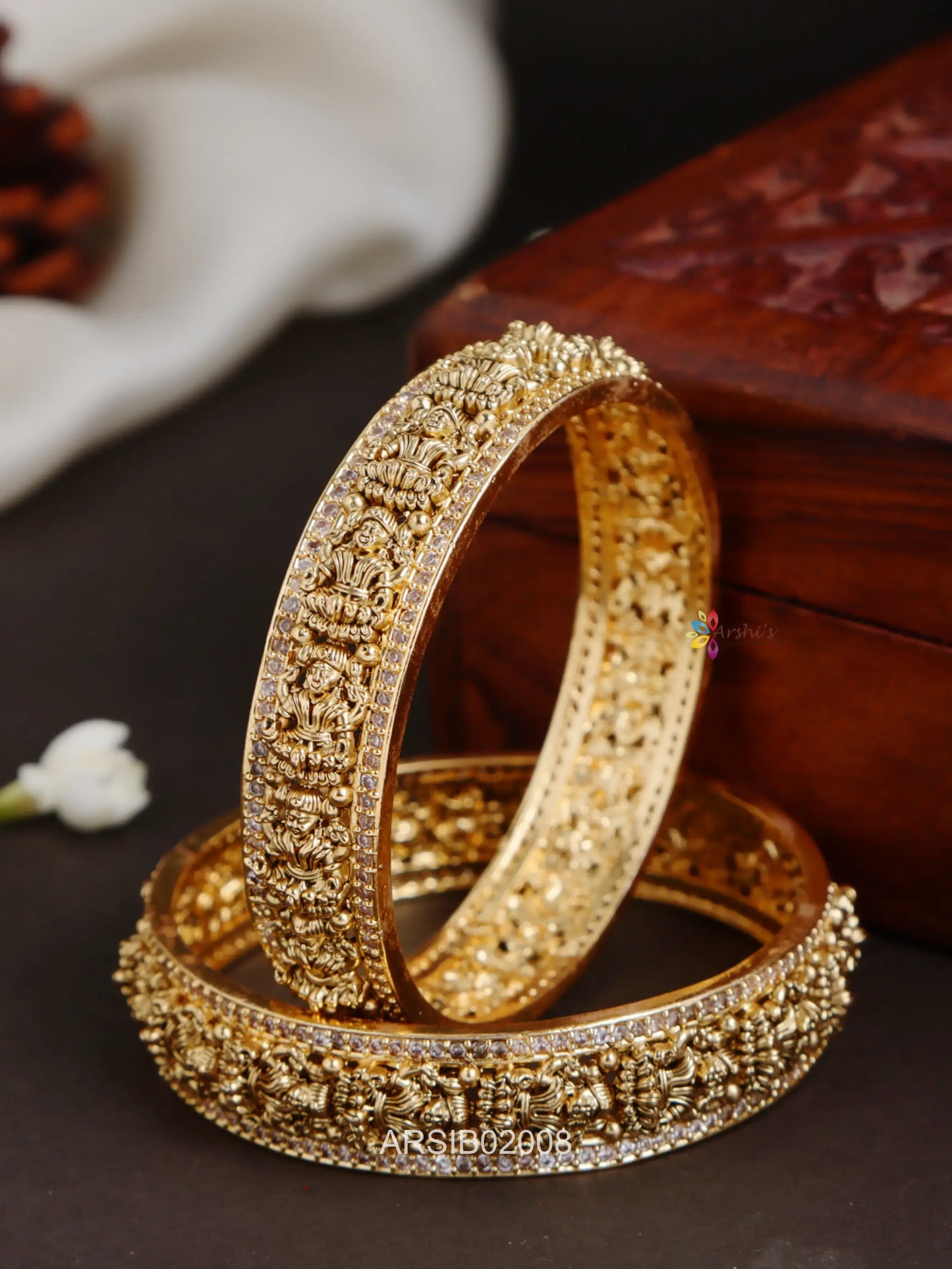 Temple and White Stone Kada Bangles