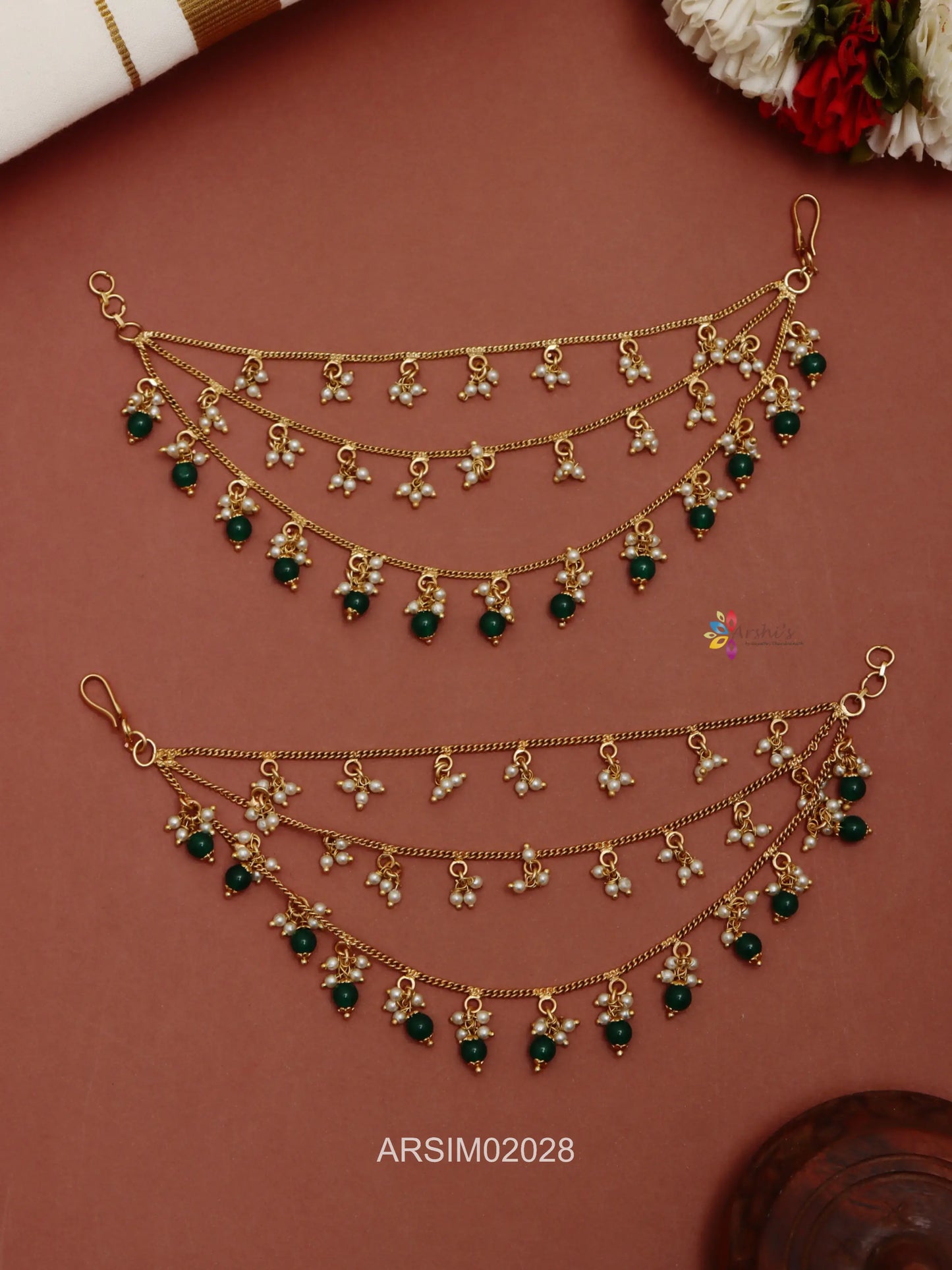 Pearl and Green Bead Earchains