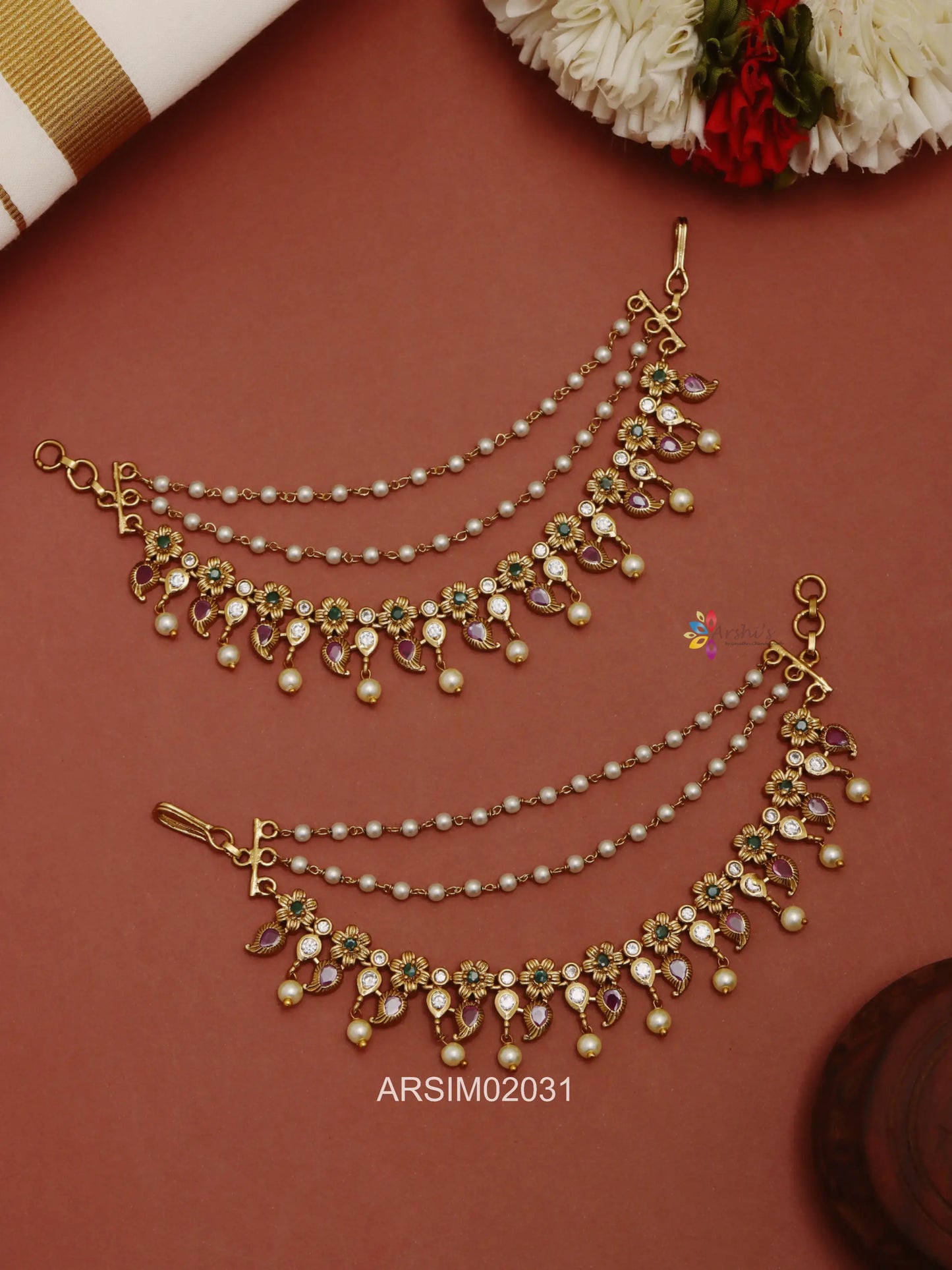 Flower Design Pearl Drop Earchains