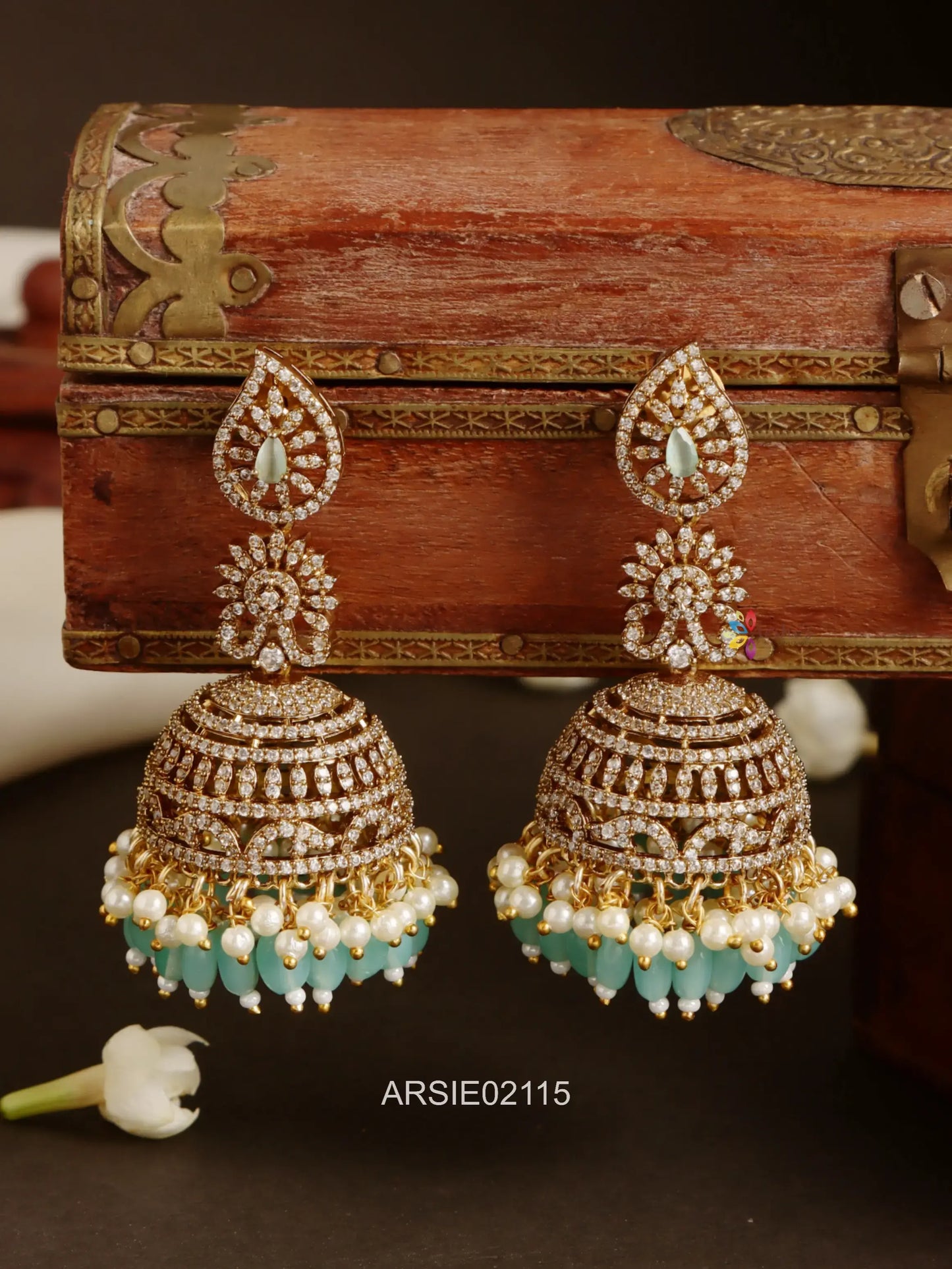 White AD Stone Pearl and Green Bead Jhumka