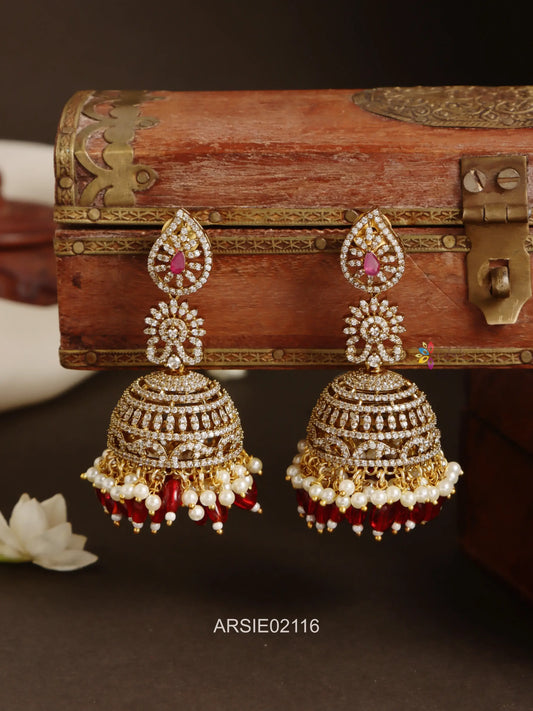White AD Stone Pearl and Red Bead Jhumka
