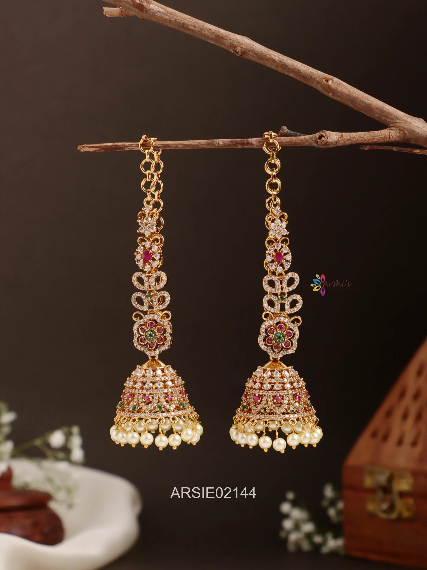 Flower Design Stone Jhumka with Earchains