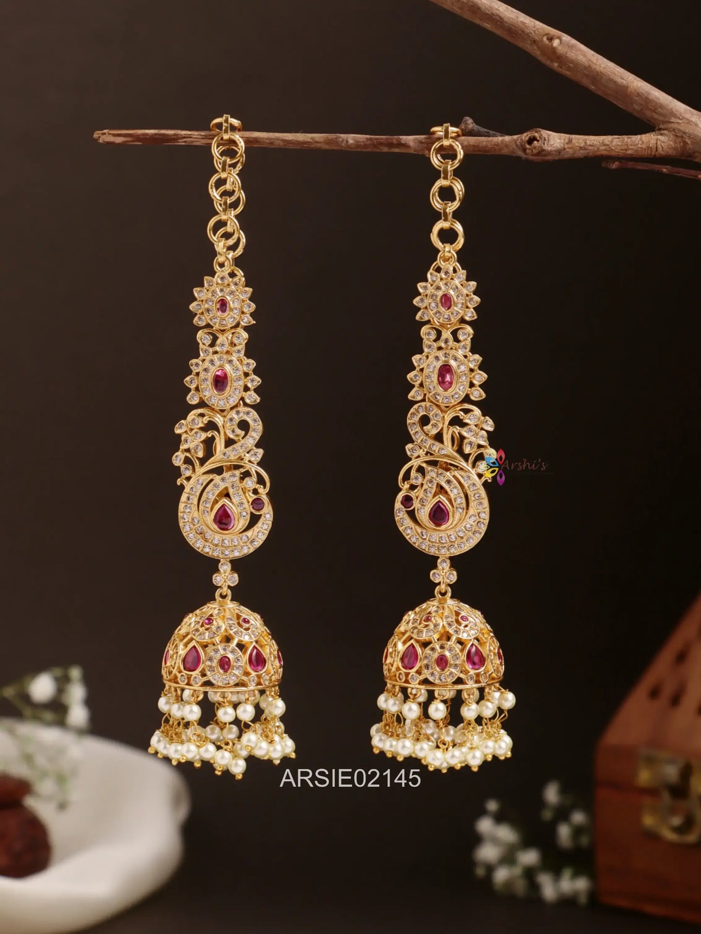 Peacock Design Stone Jhumka with Earchains