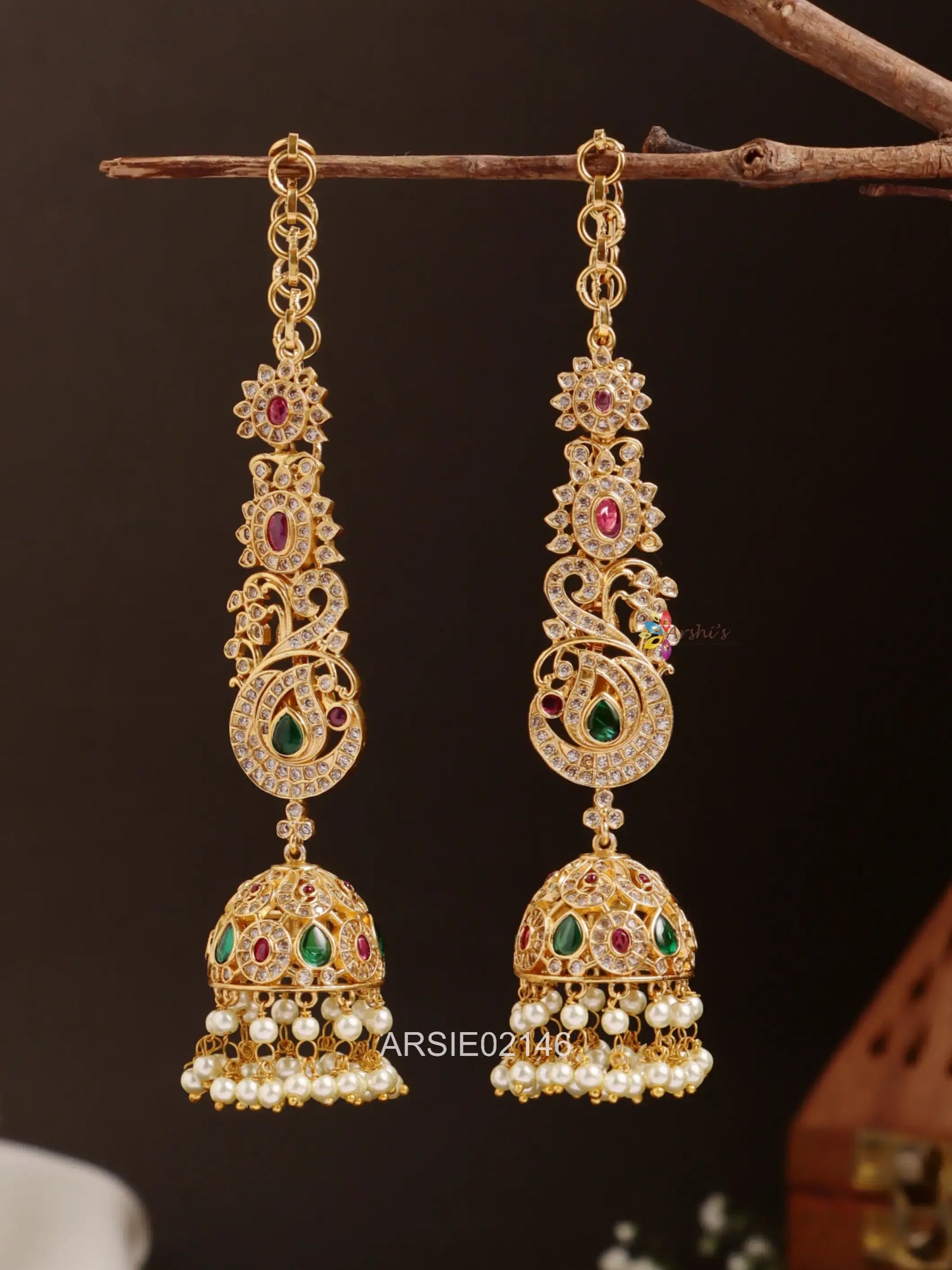 Peacock Multi Stone Jhumka with Earchains