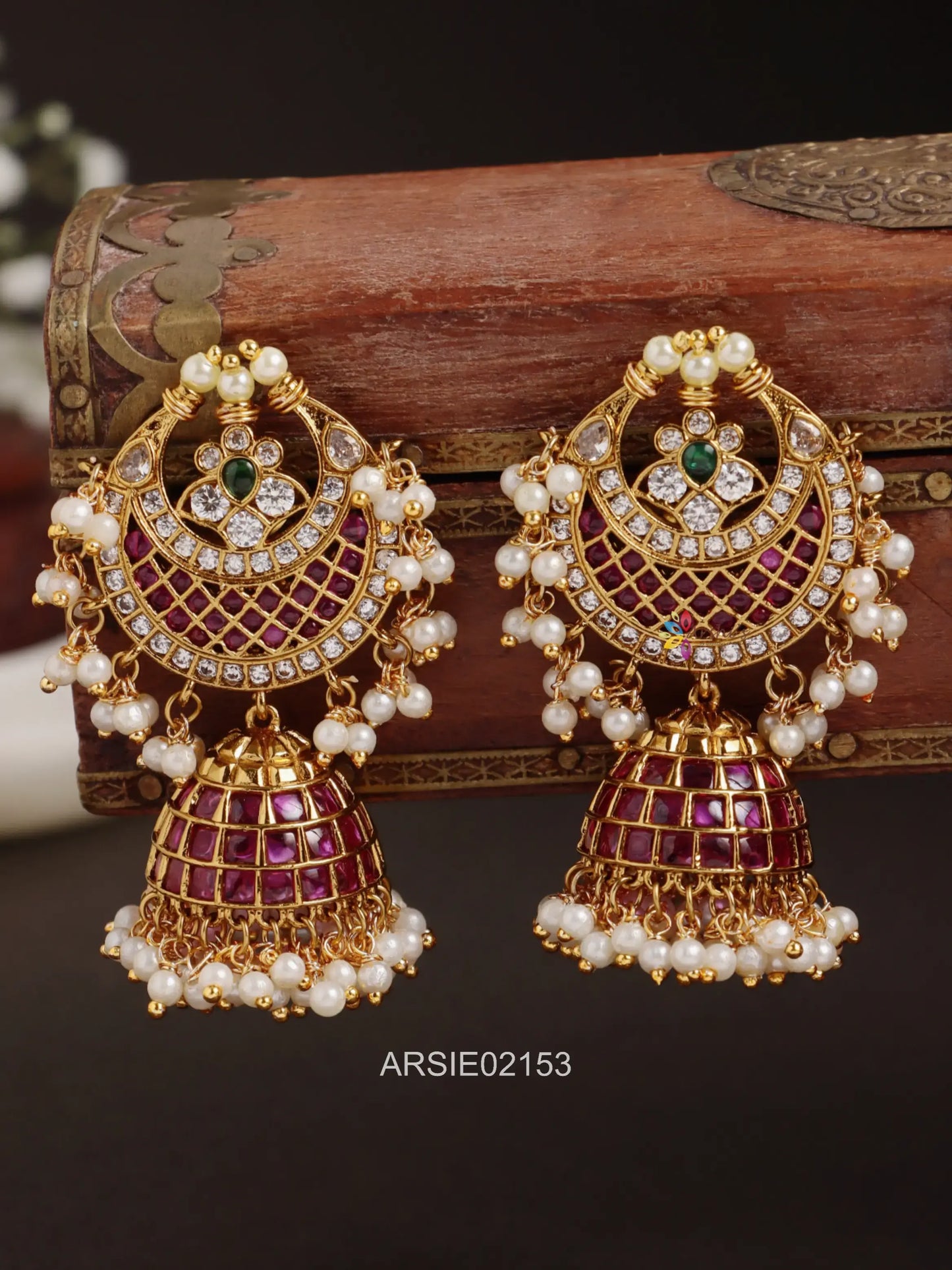 Half Moon Kemp Stone Pearl Drop Jhumka