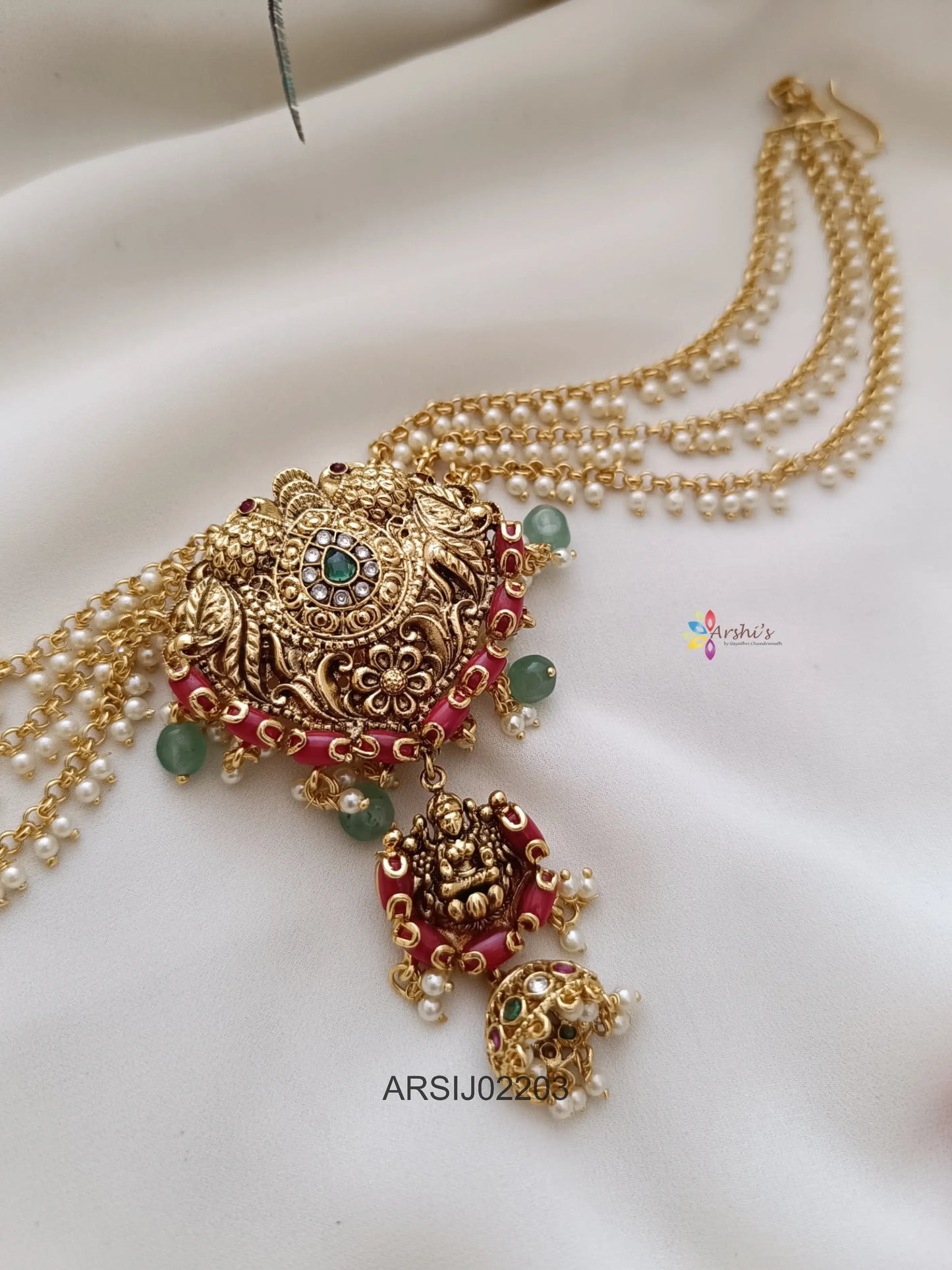 Peacock and Lakshmi Coral Pearl Layer Hair Brooch