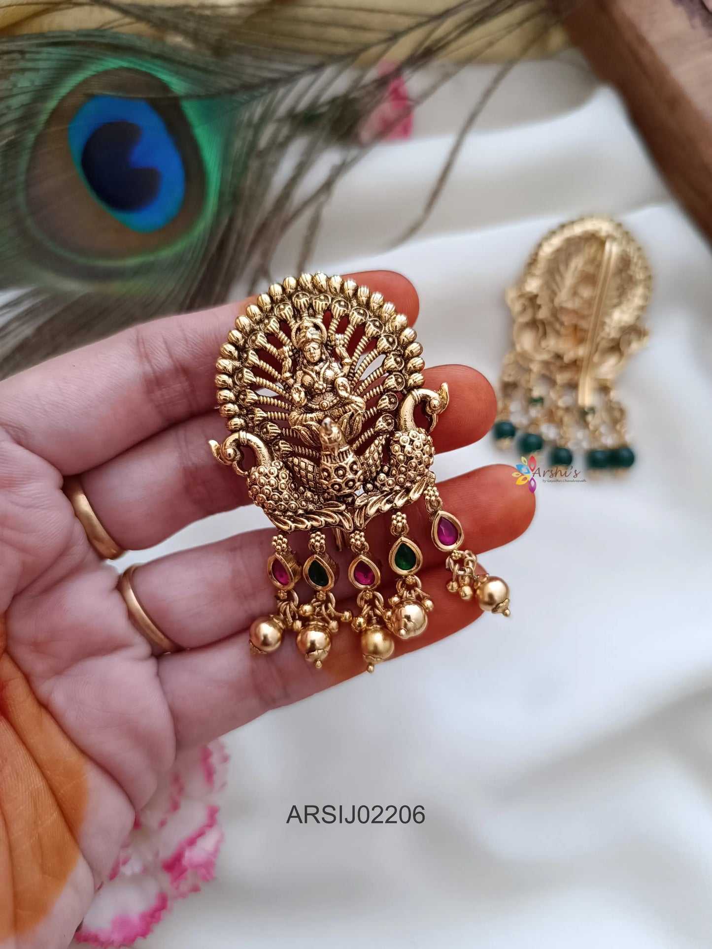 Temple Peacock Gold Bead Drop Hair Brooch