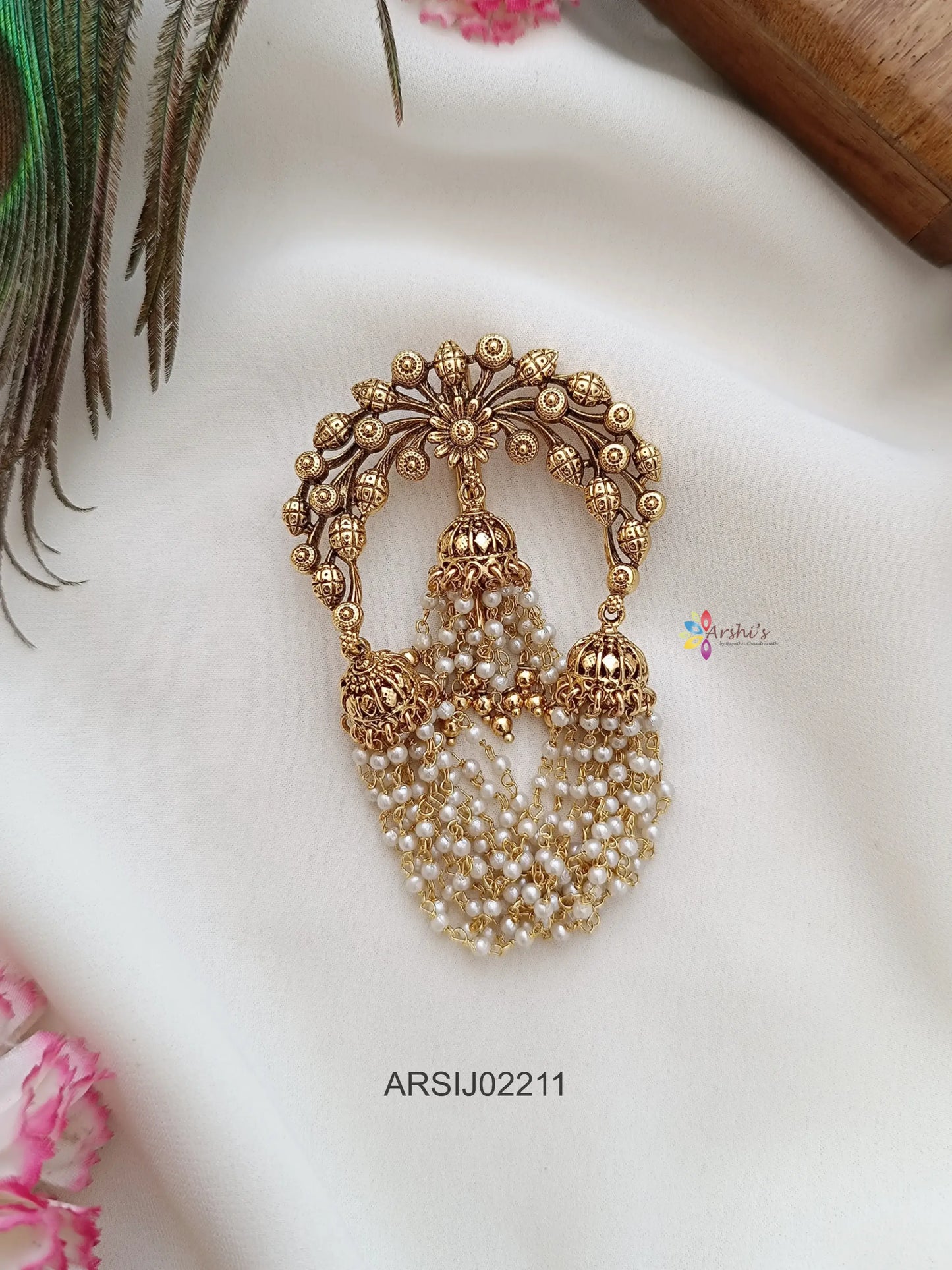 Antique Flower Design Pearl Layer Hair Brooch