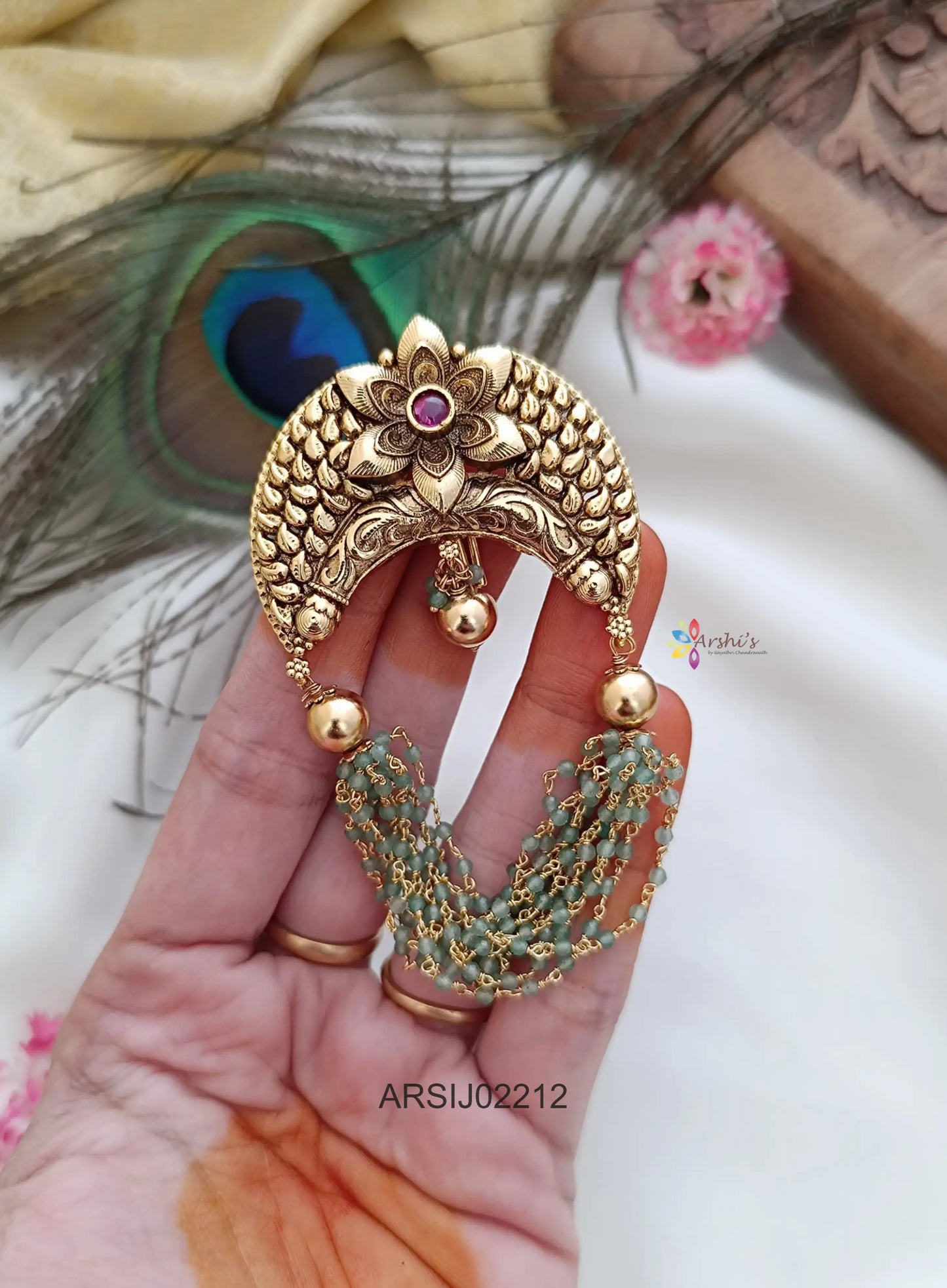 Antique Flower Design Green Bead Hair Brooch