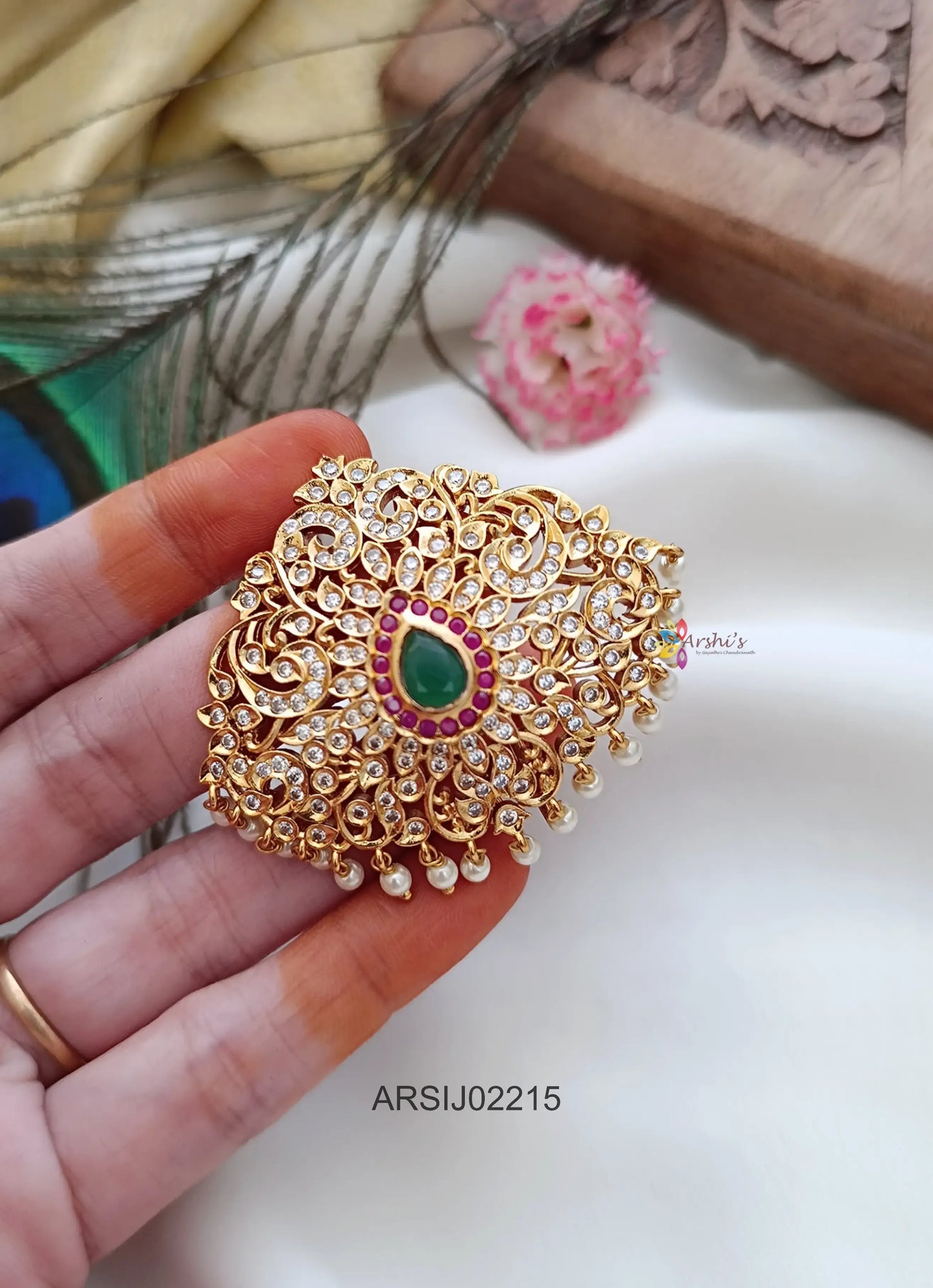 Emerald and White Stone Pearl Drop Hair Brooch