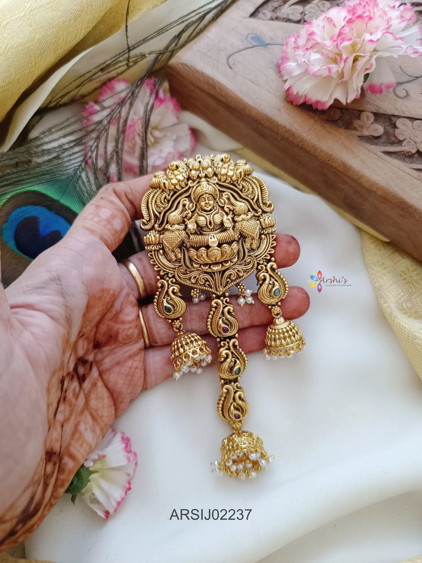 Temple and Peacock Design Jhumki Pearldrop Hairbrooch