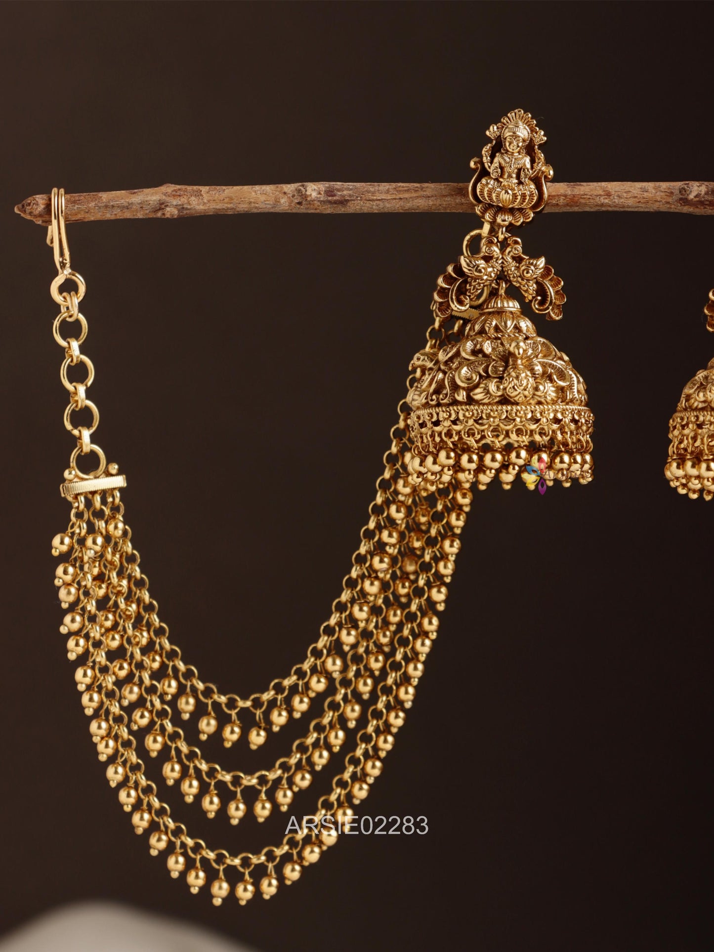 Antique Lakshmi Gold Bead Jhumka with Matching Earchains