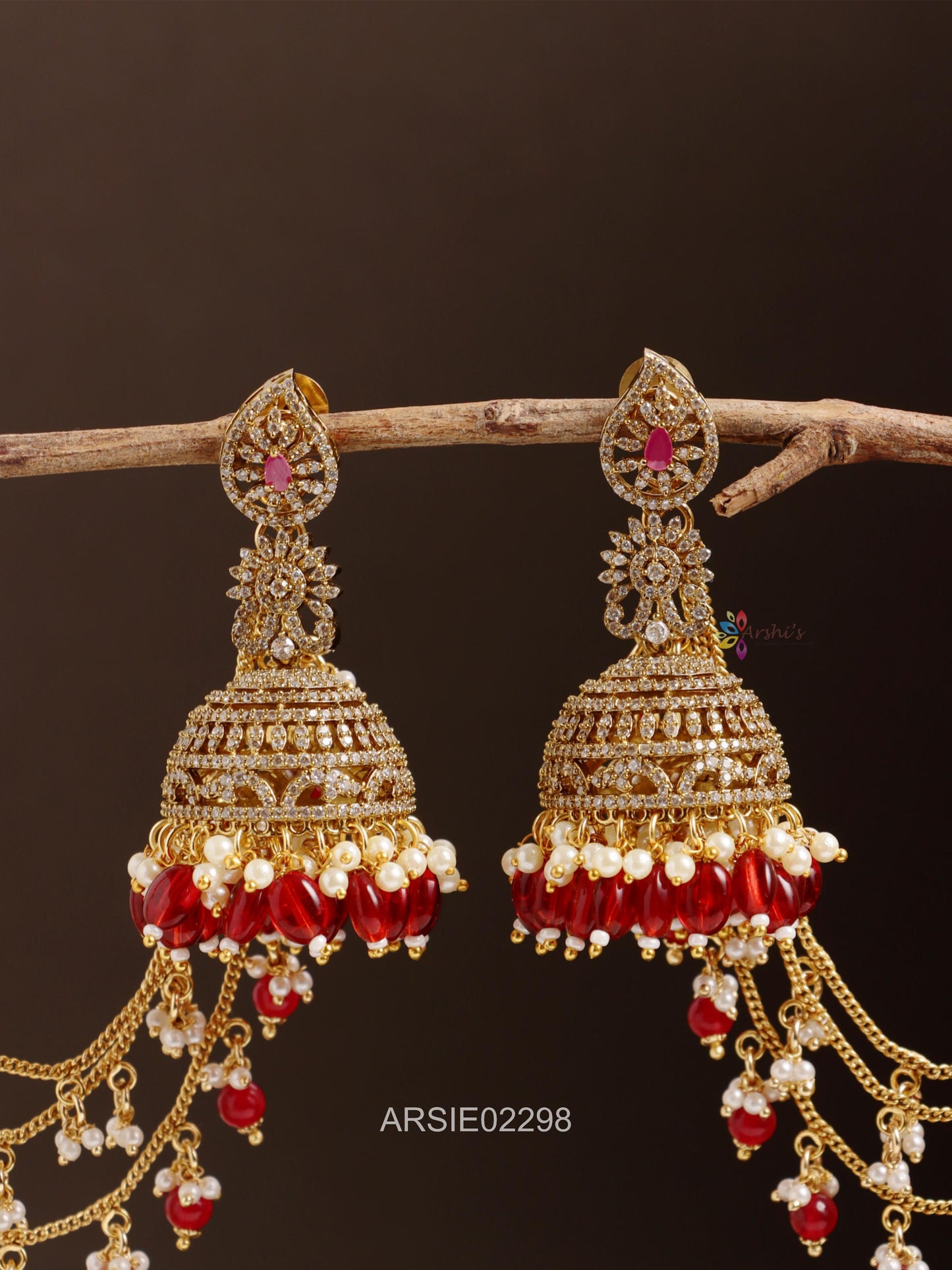 AD Stone Red Beads Jhumka with Earchains