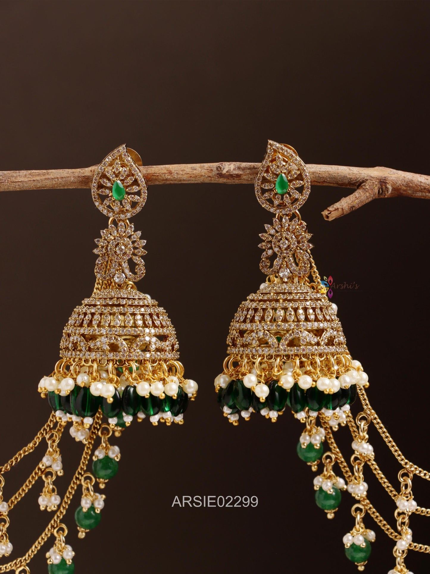 AD Stone Green Bead Jhumka with Pearl Earchains