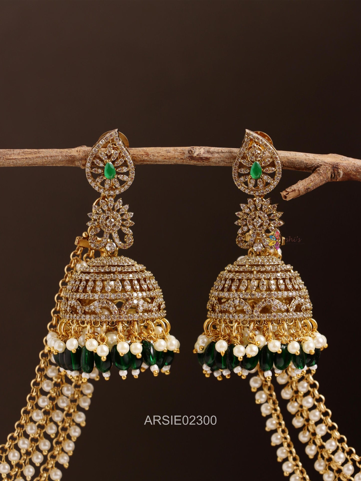 AD Stone Green Bead Jhumka with Matching Earchains