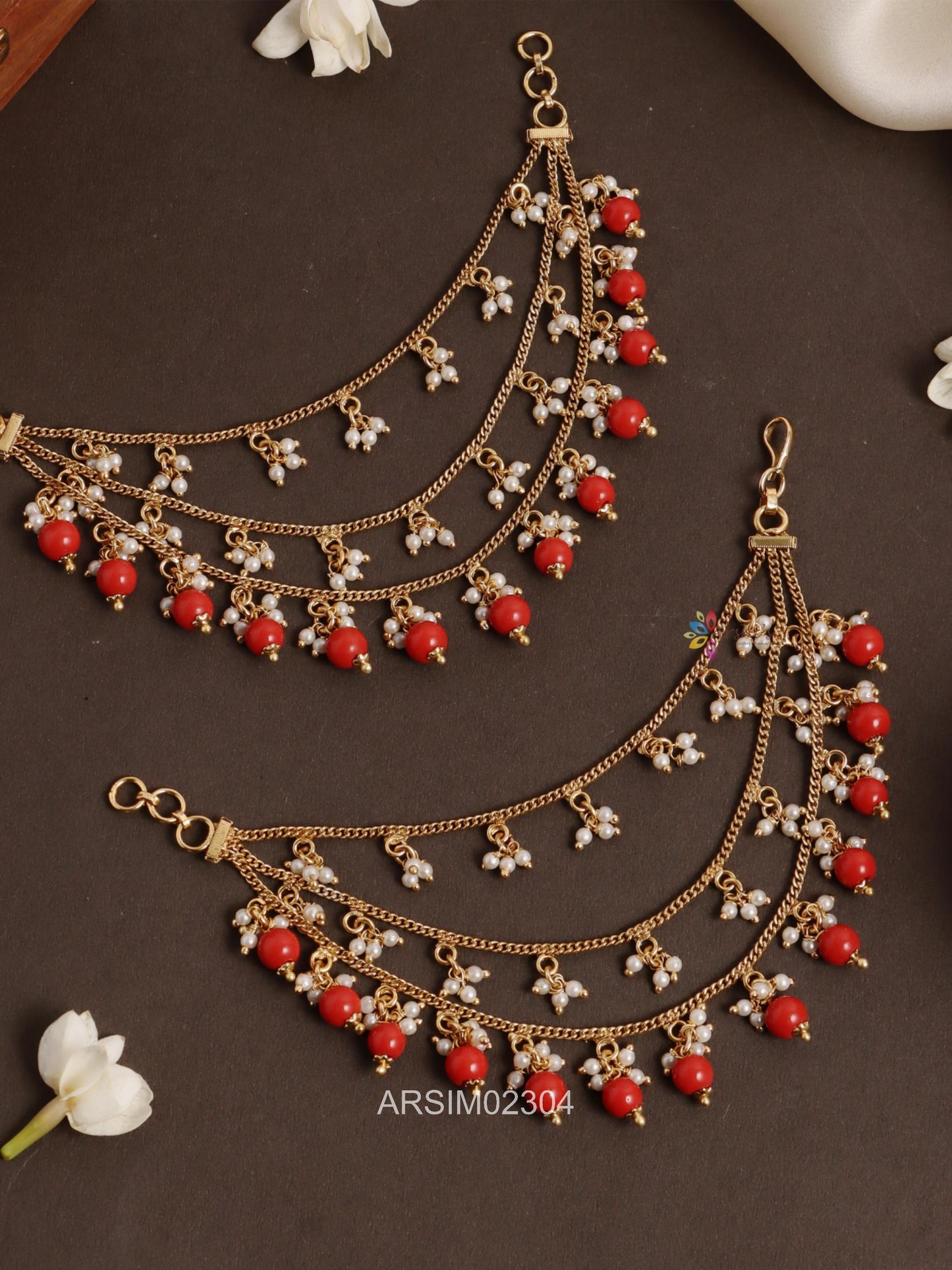 Three Layer Pearl and Coral Earchains