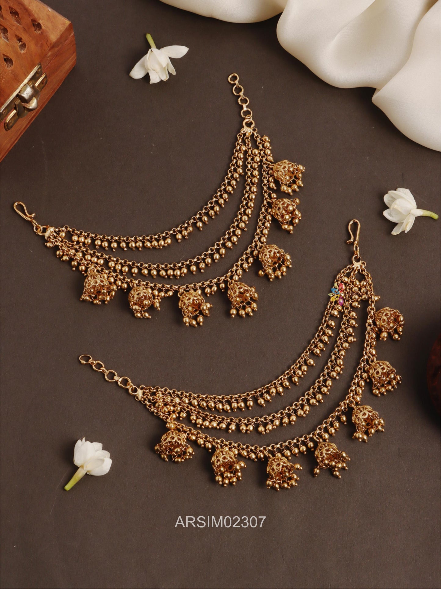 Three Layer Gold Bead Jhumka Drop Earchains