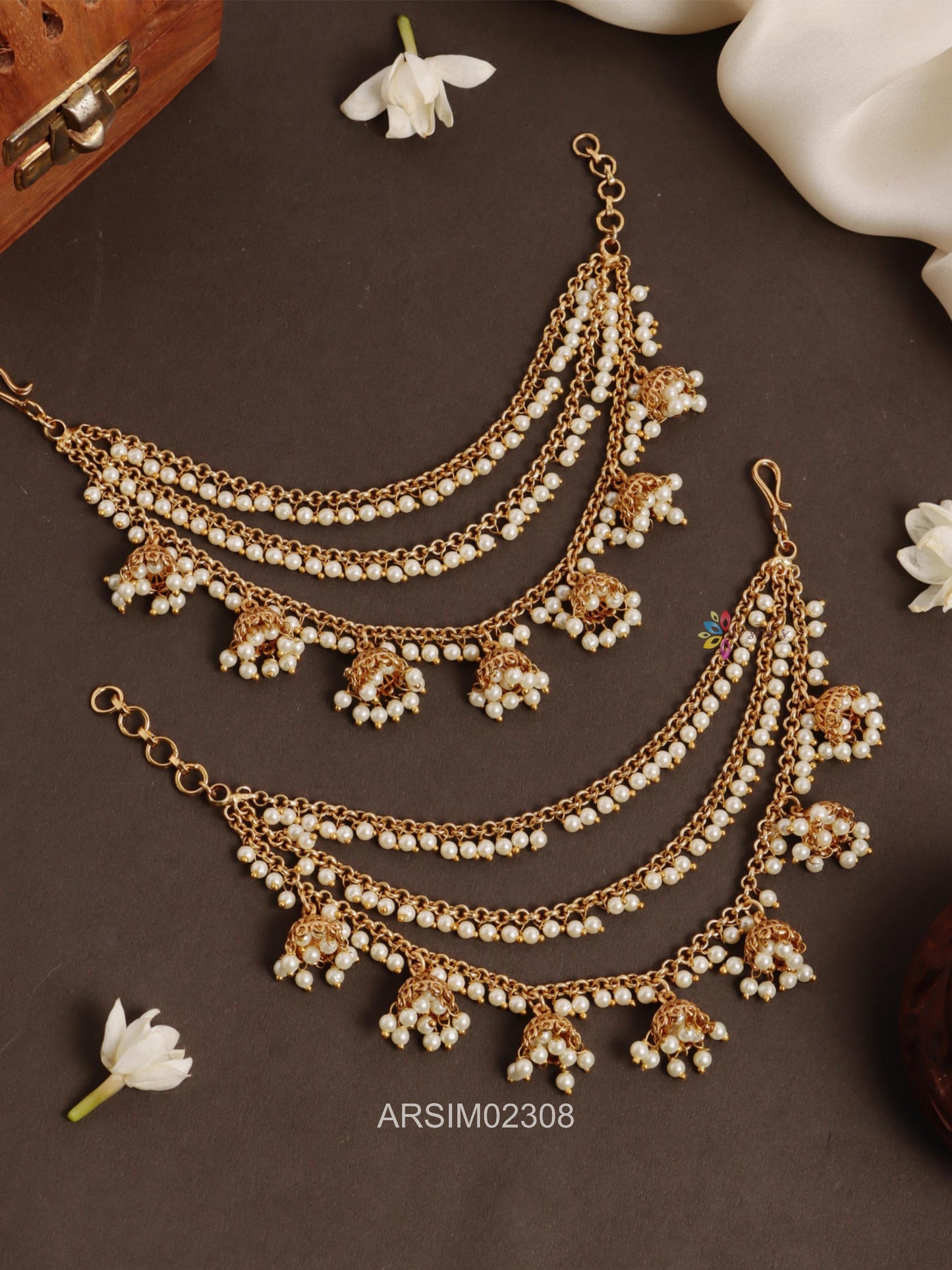 Three Layer Pearl and Jhumka Drop Earchains
