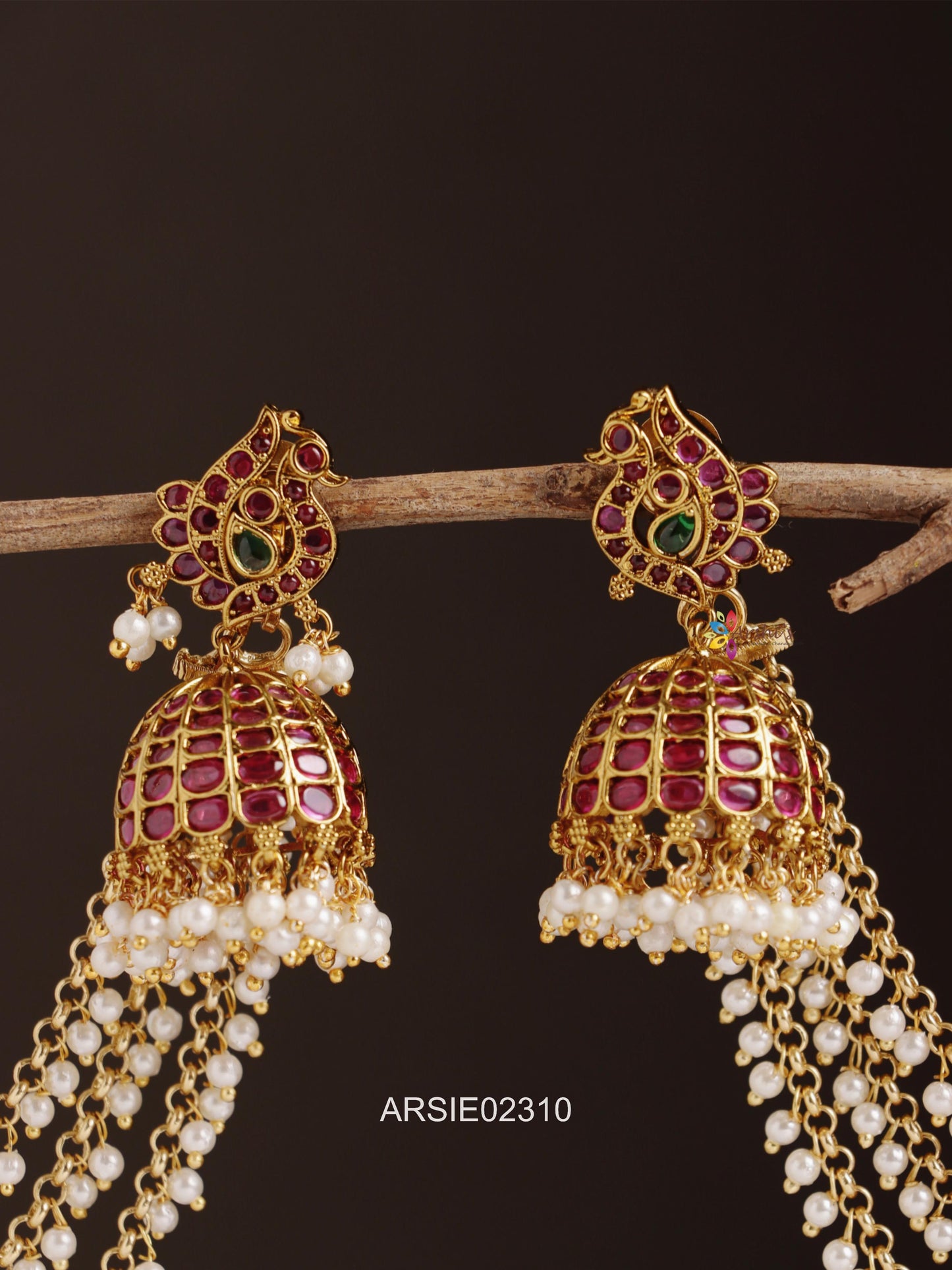 Peacock Kemp Stone Jhumka with Pearl Earchains