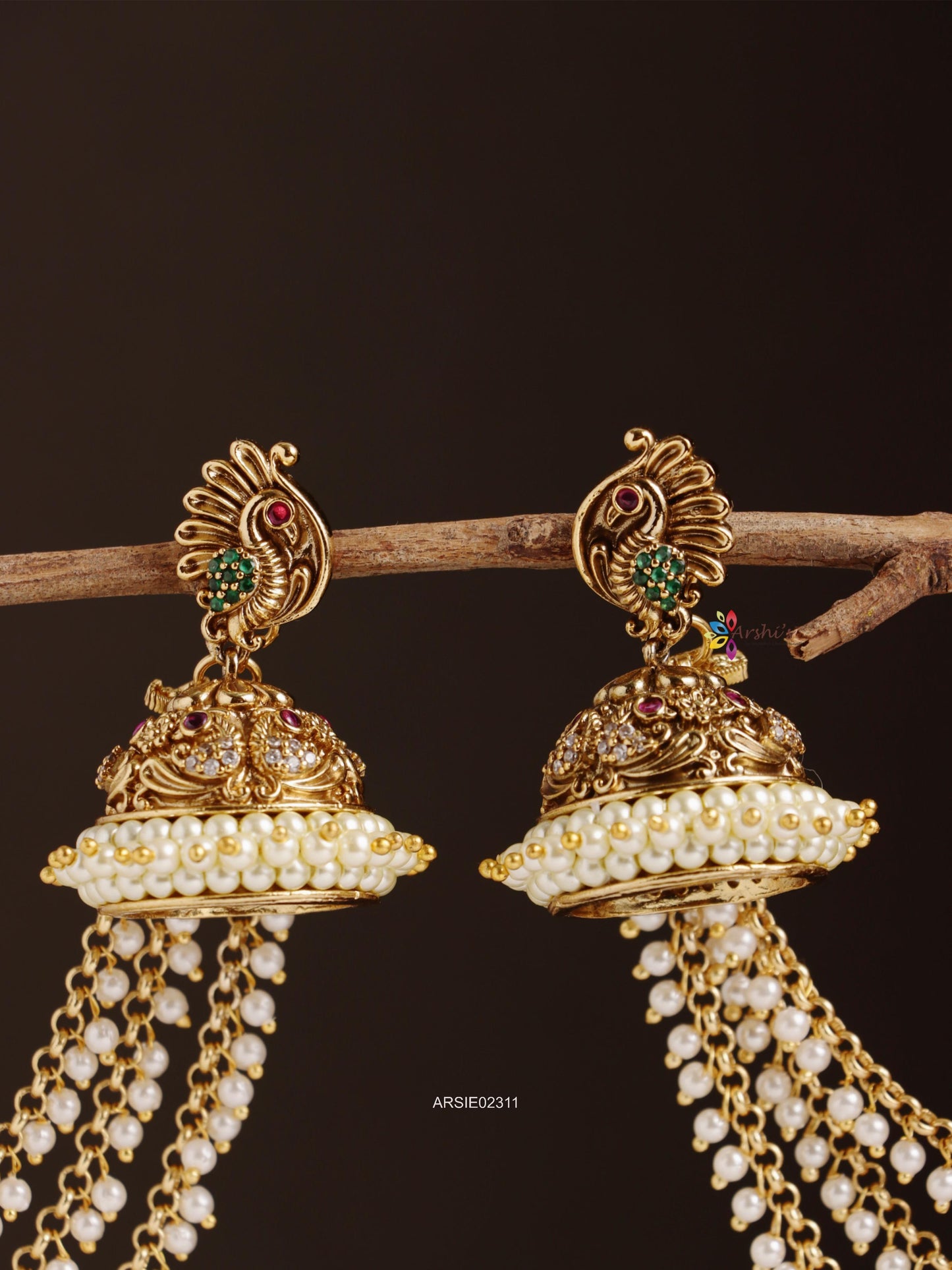 Peacock Design Jhumka with Pearl Earchains