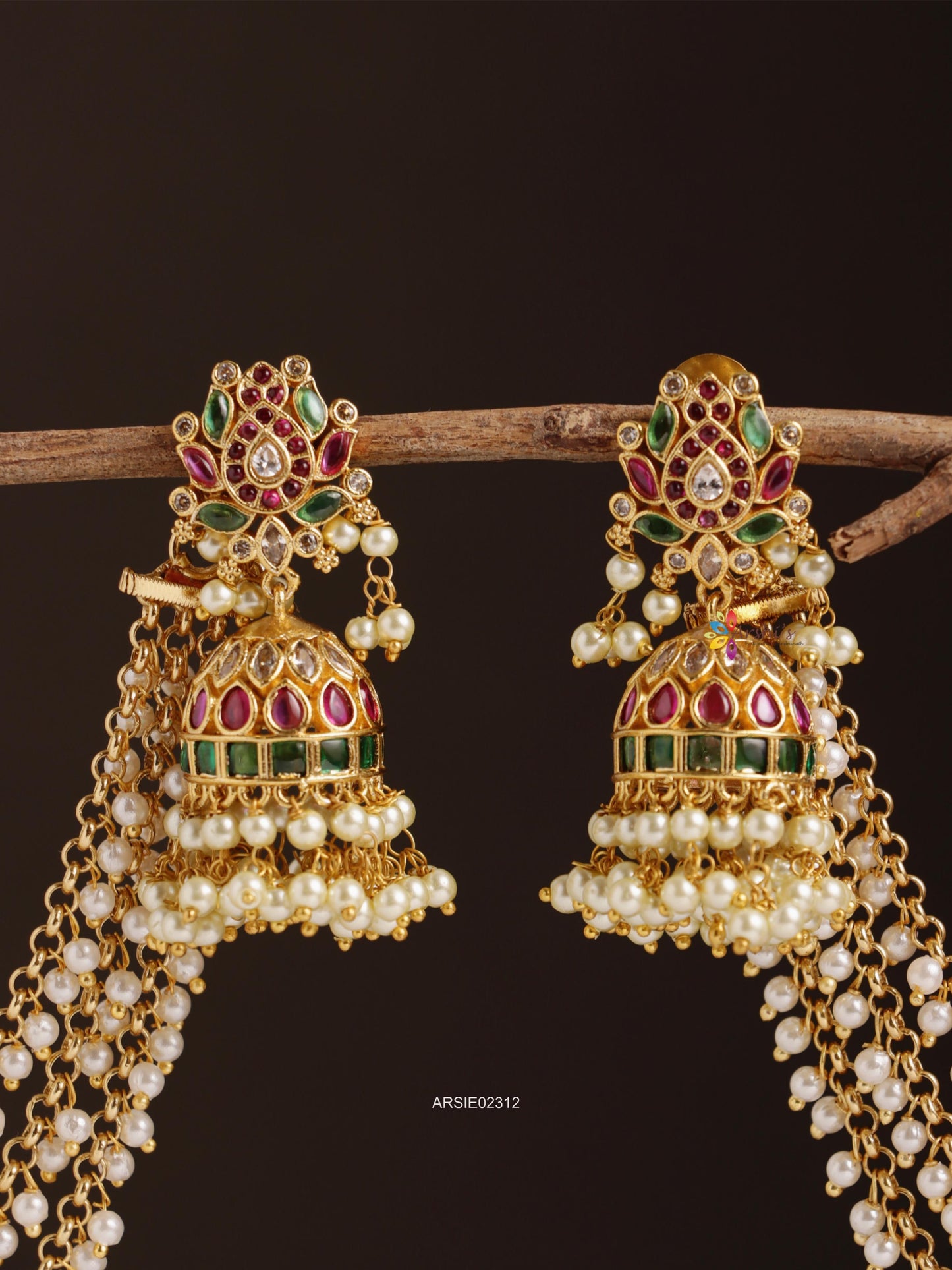 Lotus Design Stone Jhumka with Pearl Earchains