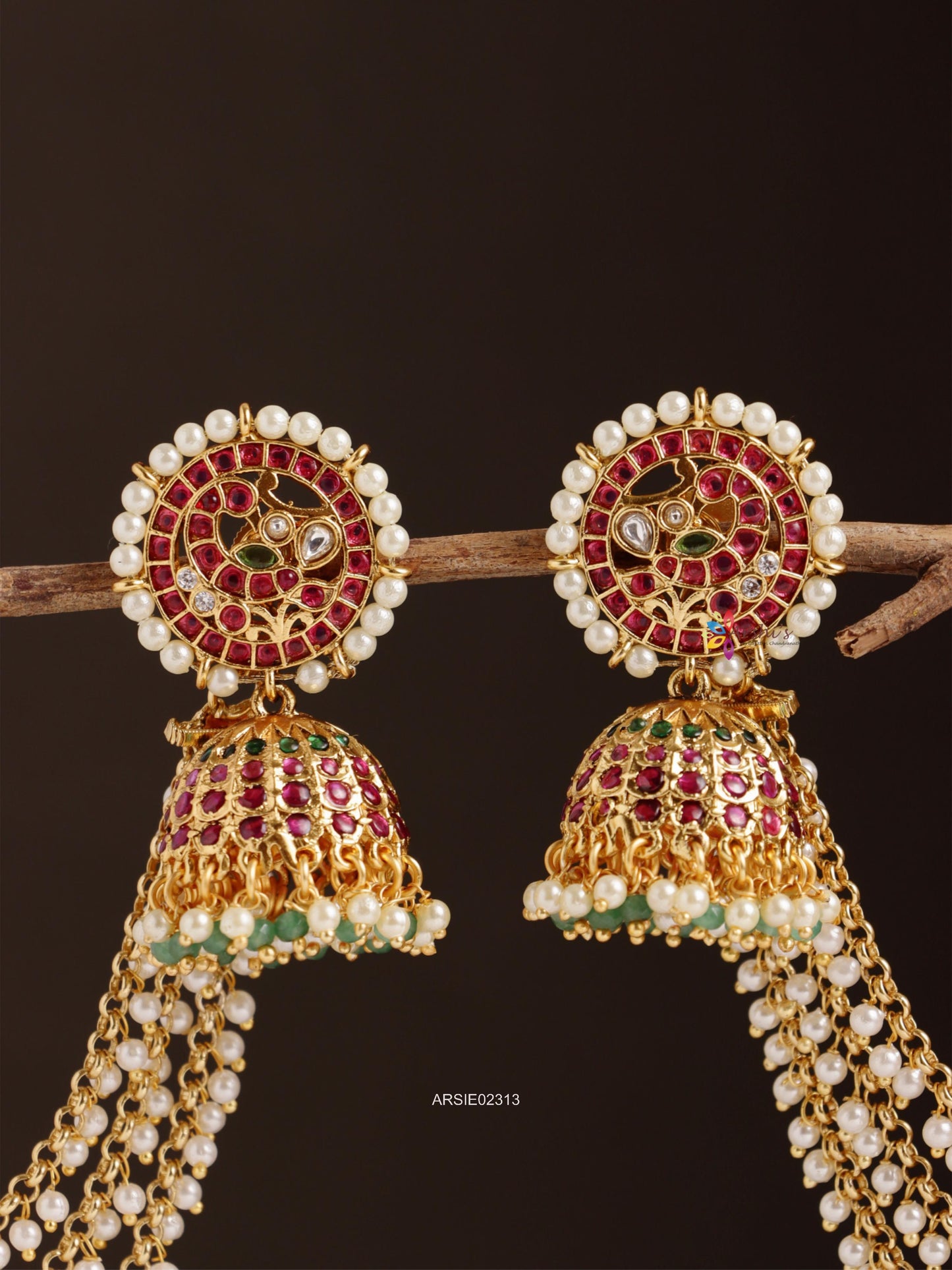 Meenakari Kemp Stone Jhumka with Pearl Earchains