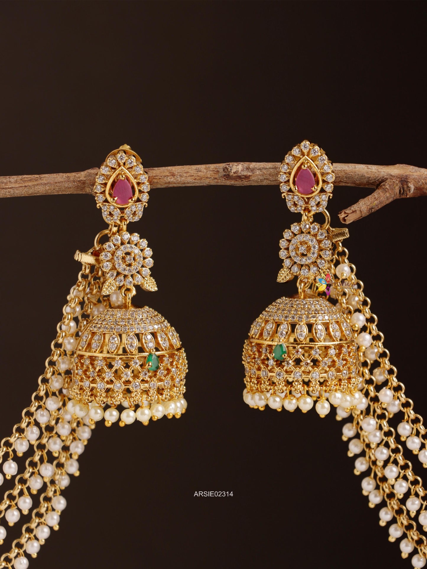 Stone Long Jhumka with Pearl Earchains
