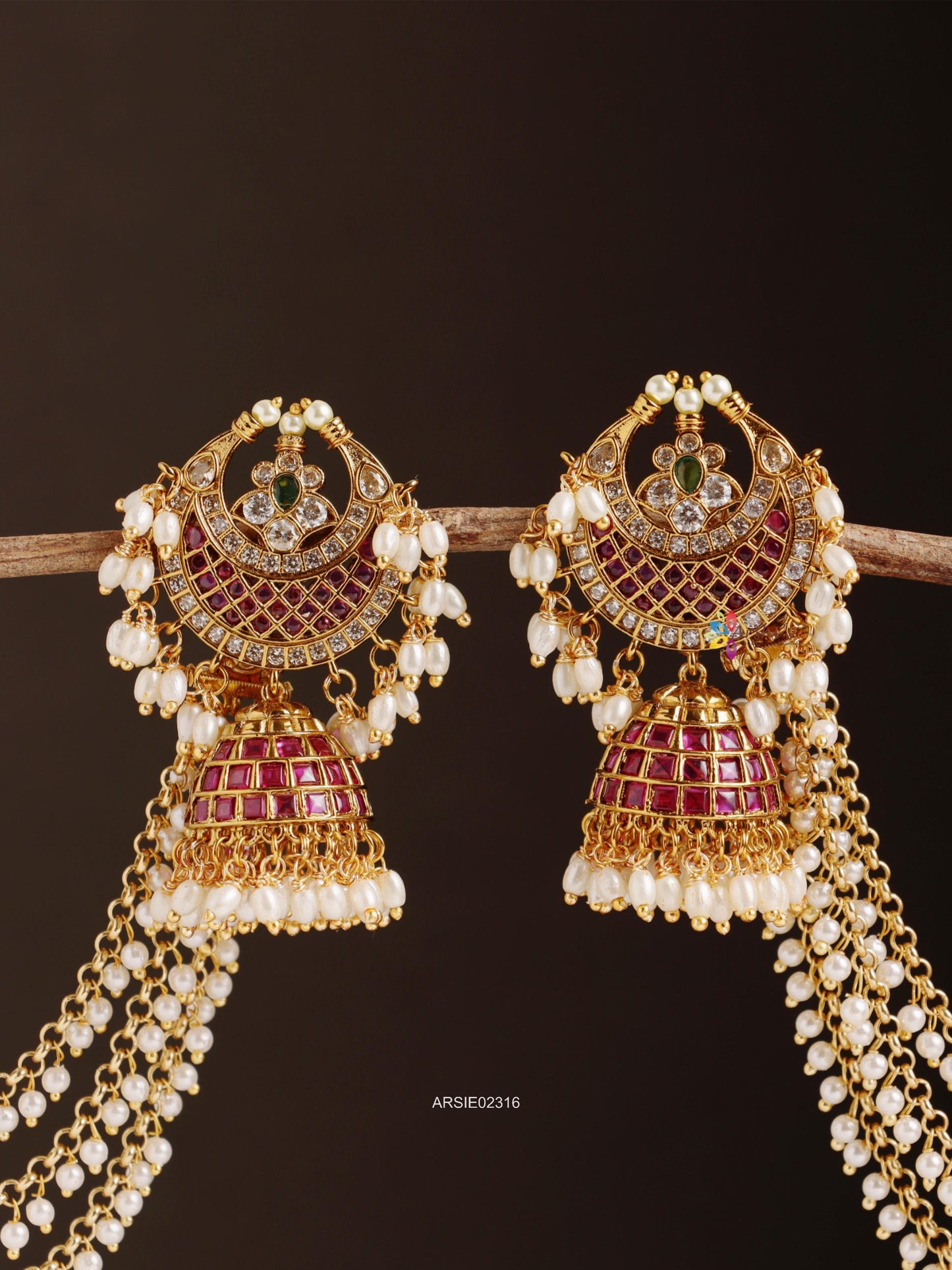 Half Moon Kemp Stone Jhumka with Pearl Earchains