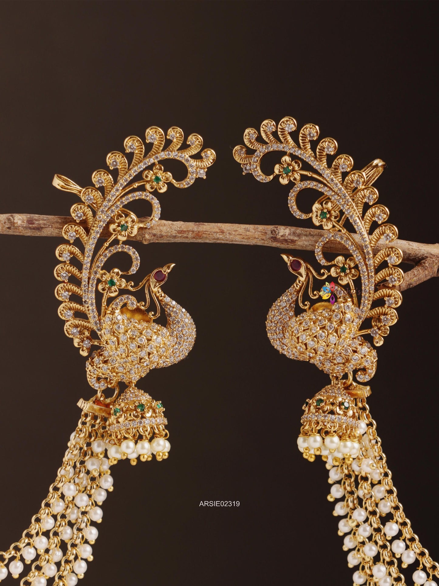 Peacock Earcuffs with Pearl Earchains