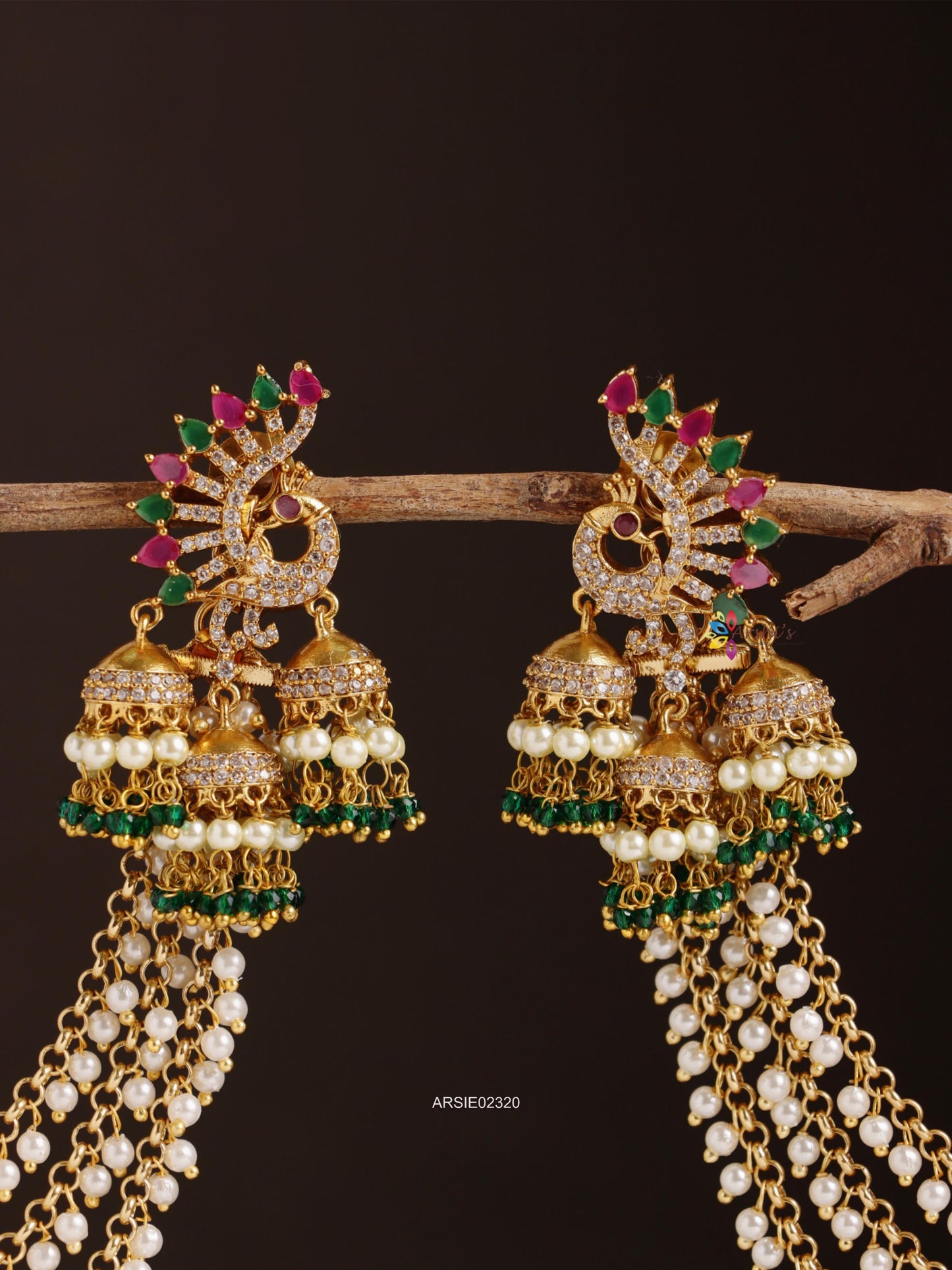 Peacock Triset Red and Green Jhumka with Paerl Earchains