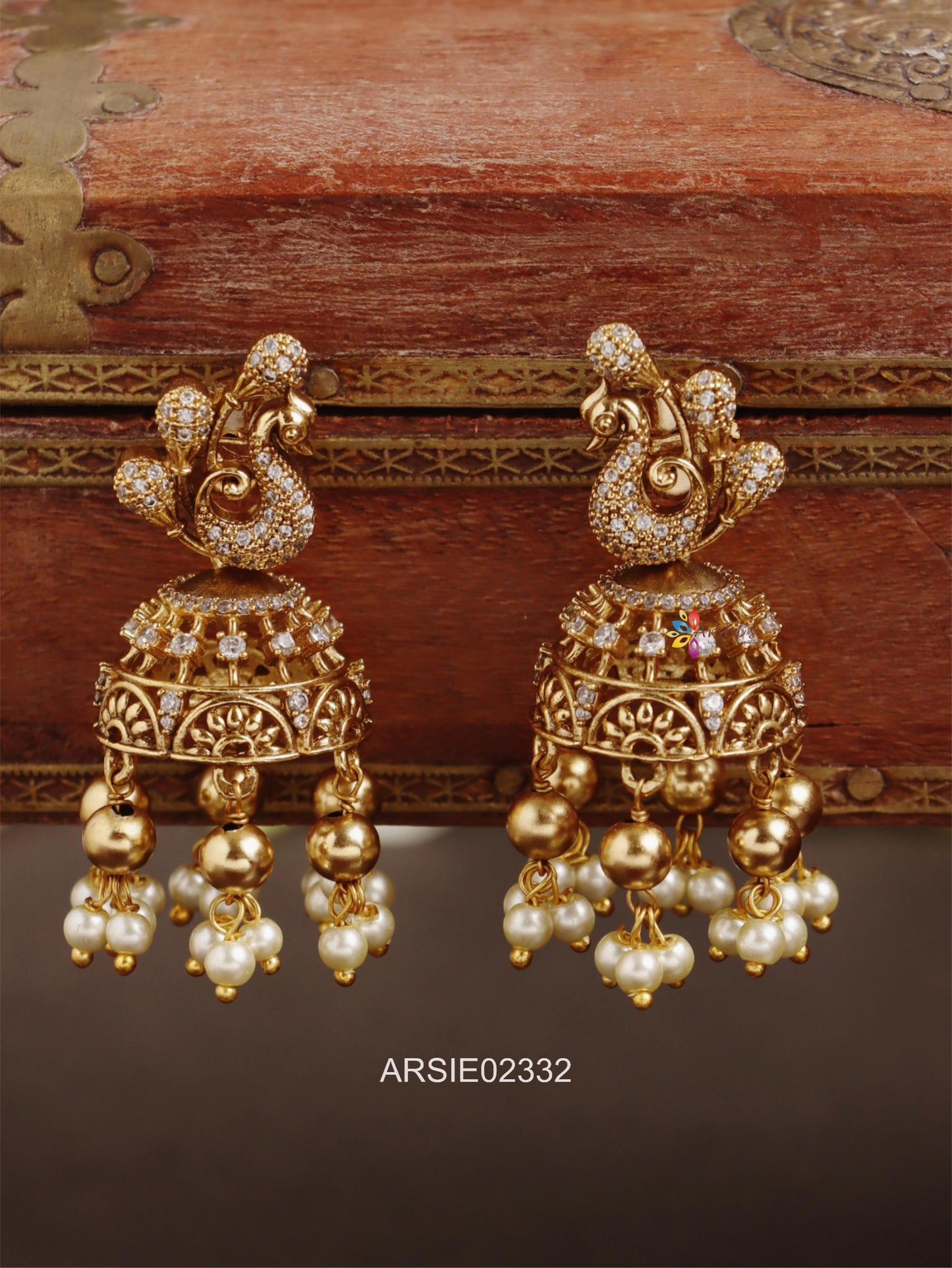 Peacock Gold Bead and Pearl Drop Jhumka