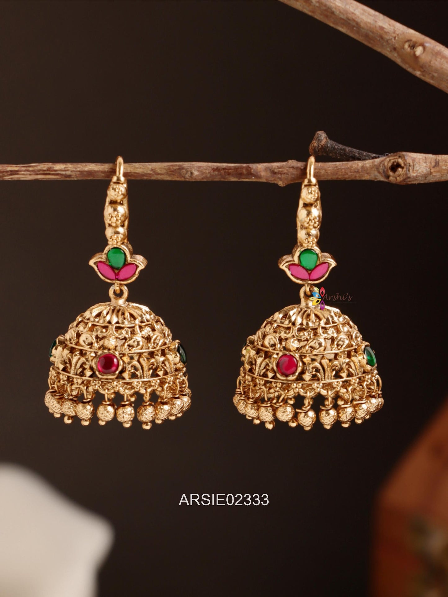 Red and Green Stone Hook Jhumka