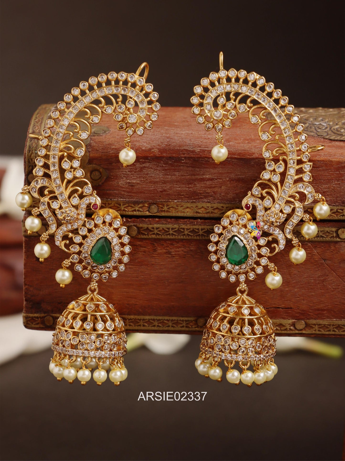 Peacock Emerald and White Stone Earcuff Jhumka