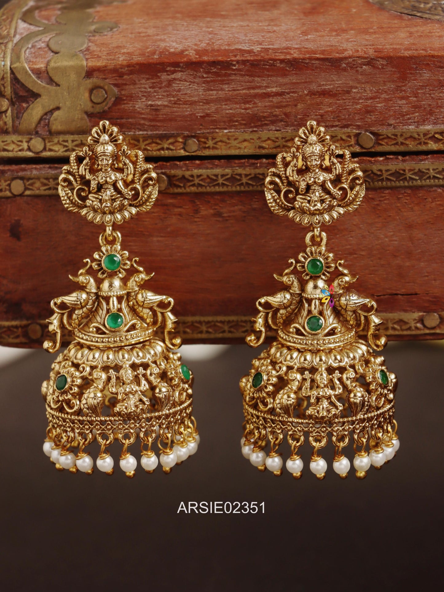 Lakshmi and Peacock Green Stone Long Jhumka