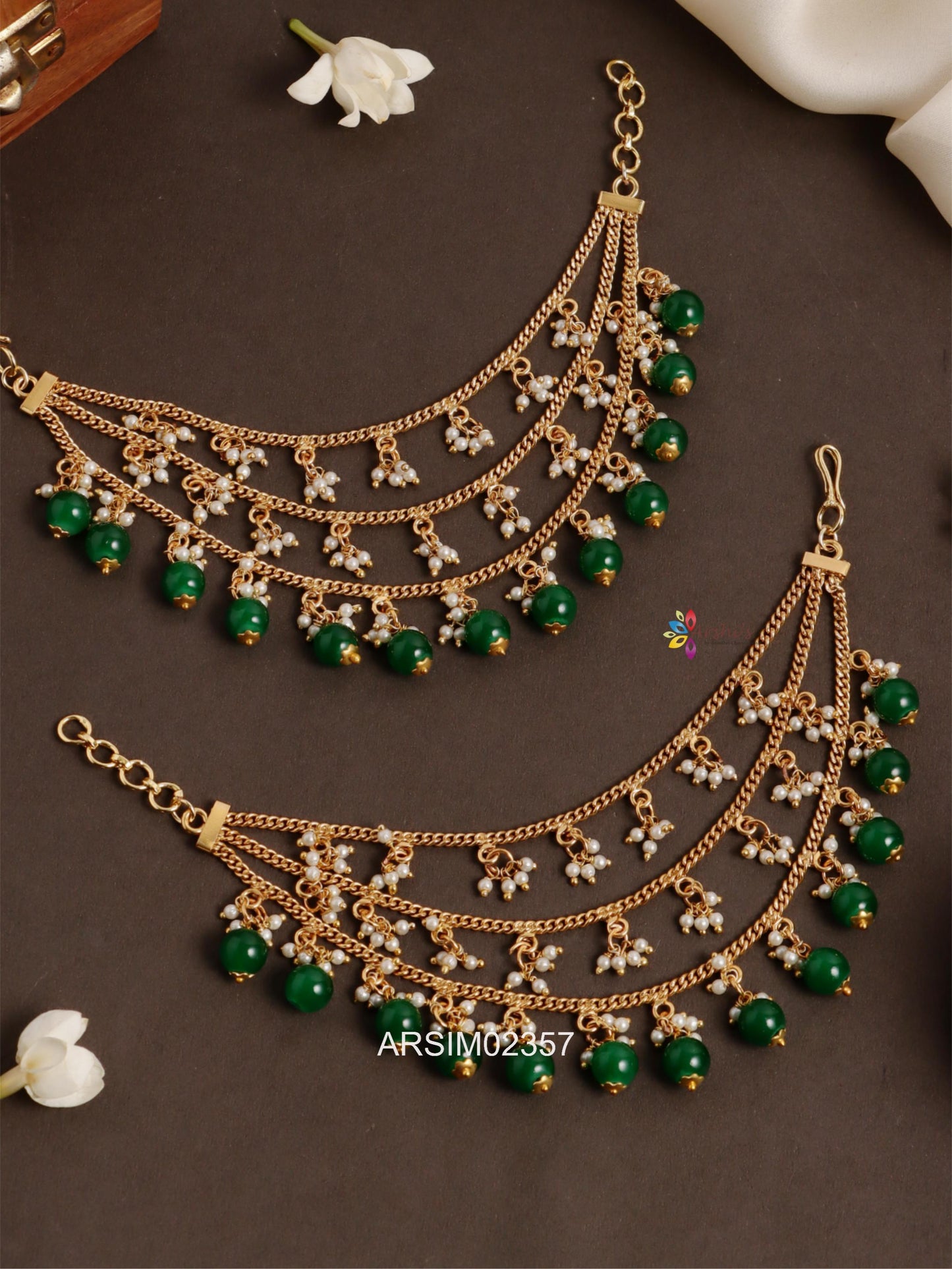 Three Layer Pearl and Green Bead Earchains