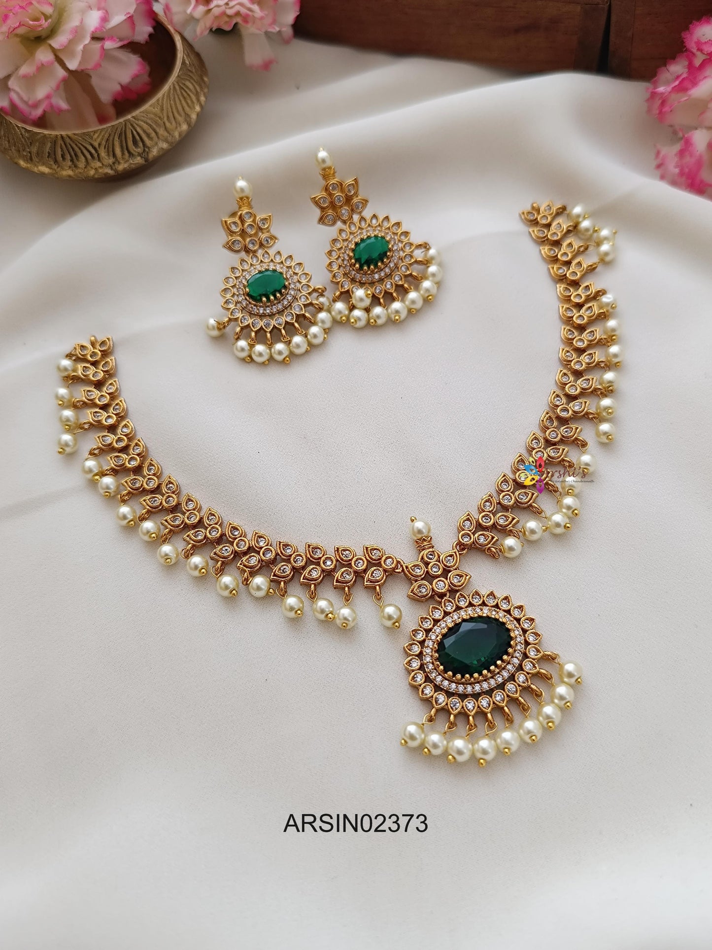 AD Stone Pearl Drop Emerald Necklace