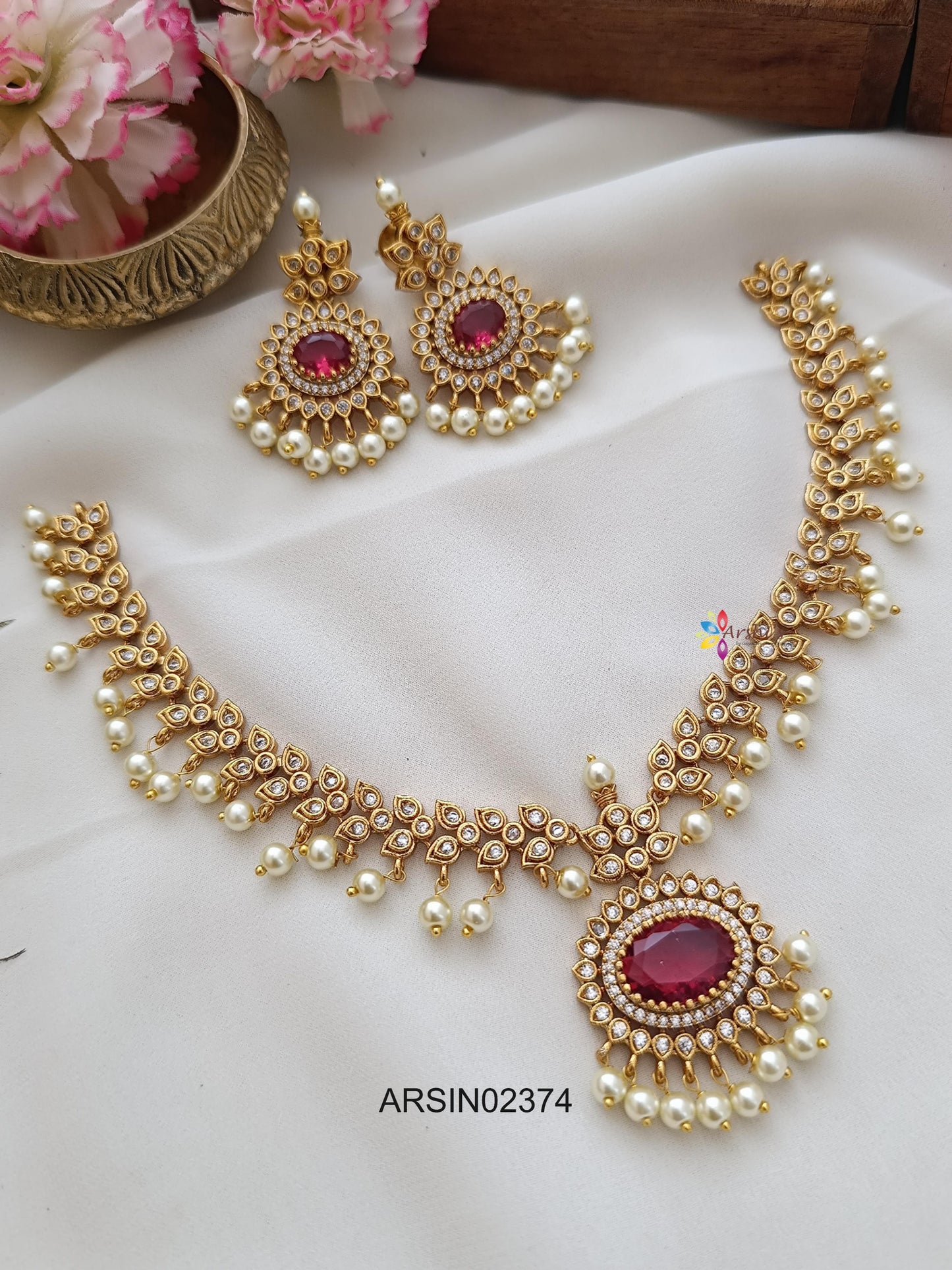 AD Stone Pearl Drop Ruby Necklace