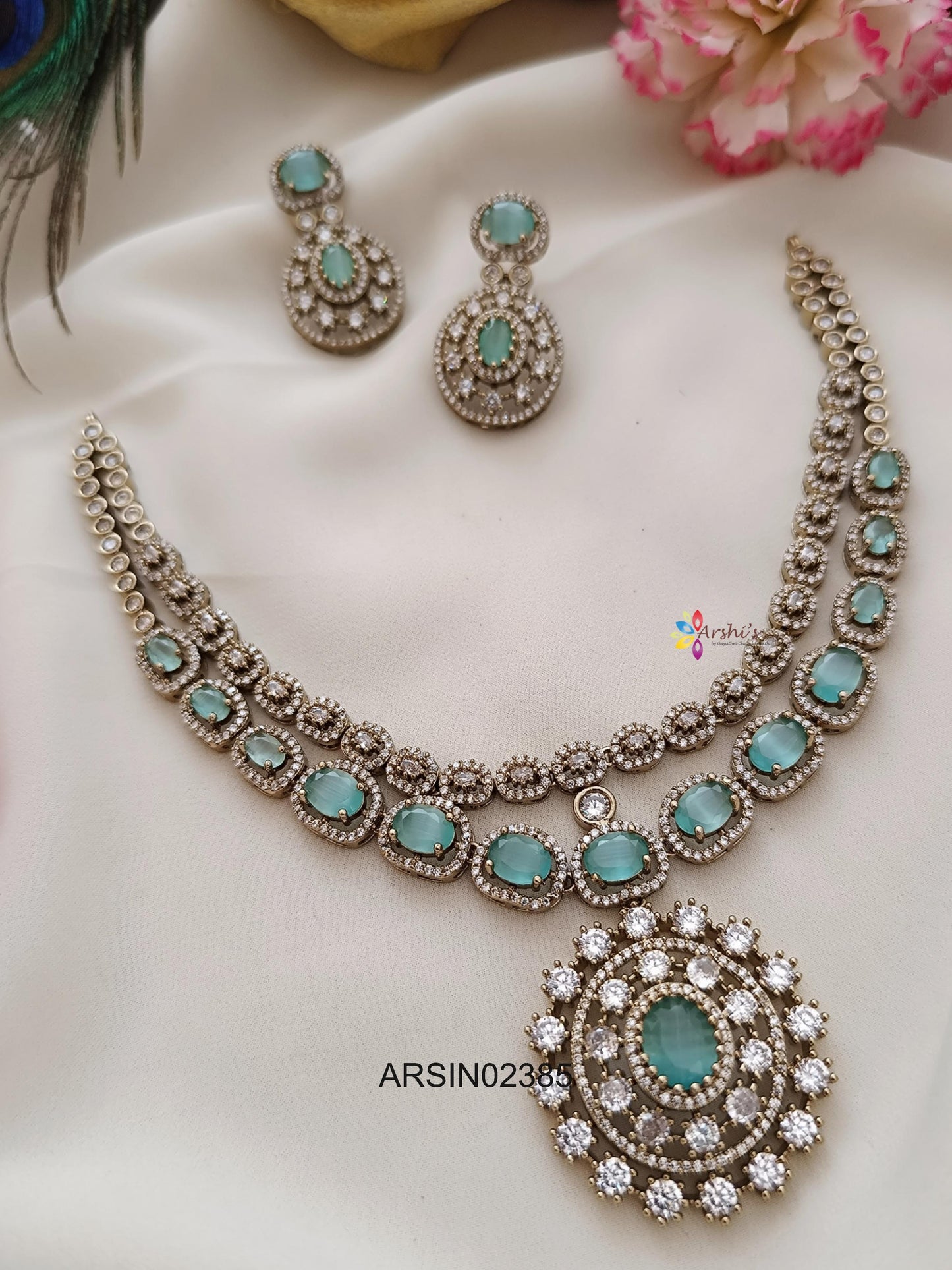 Fancy Rodium Polish Pale Green Stone Necklace