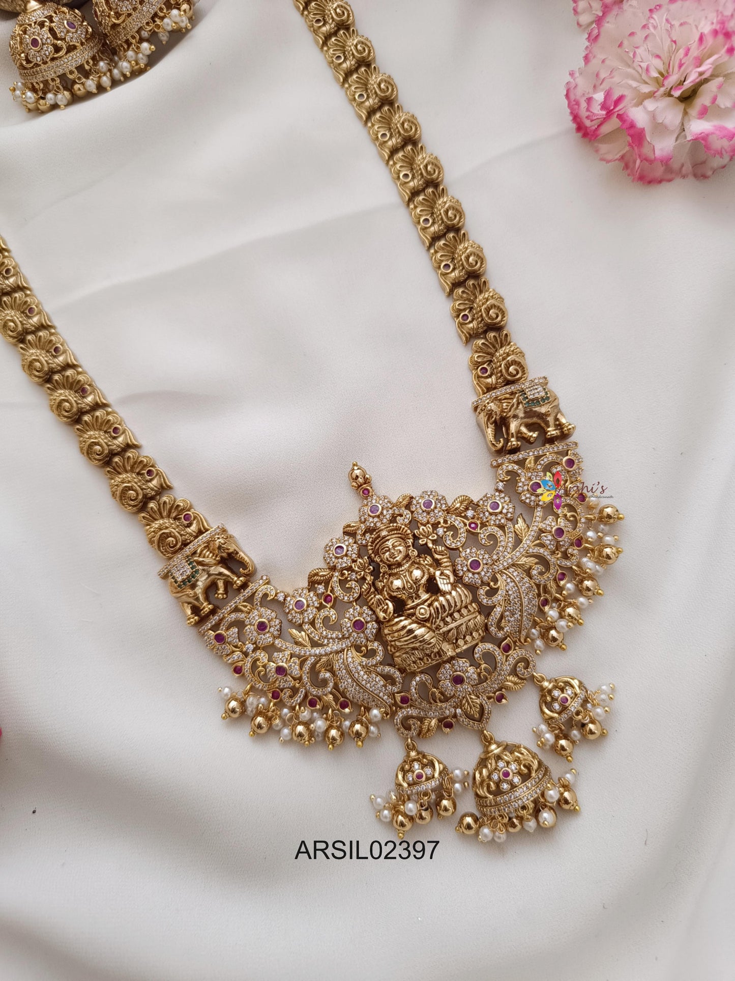 Peacock Design Chain with AD Lakshmi Pendant Long Haram