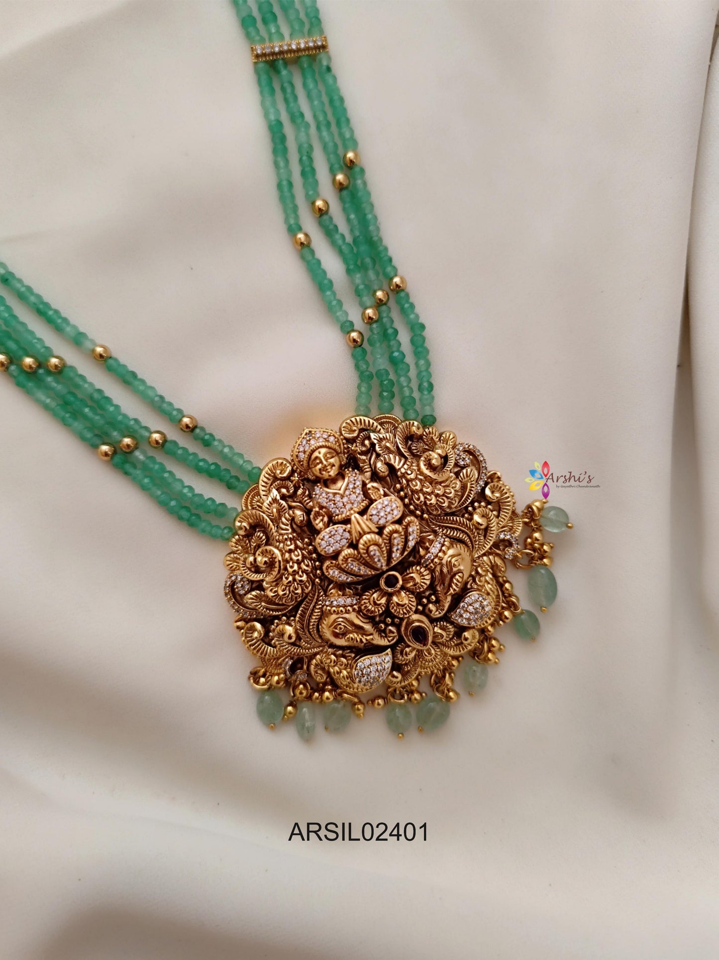 Green Bead Lakshmi Pendant Long Haram