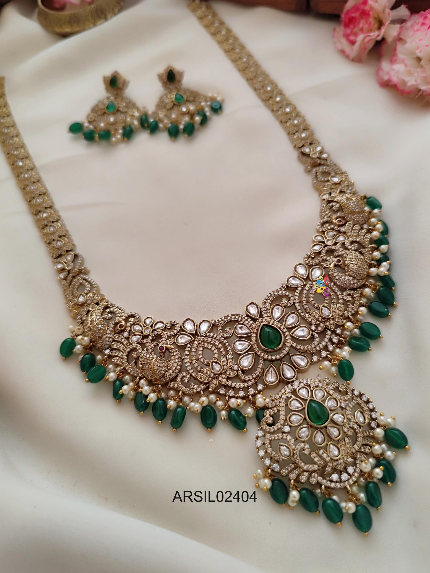 Lotus and Peacock AD Stone Green Bead Long Haram