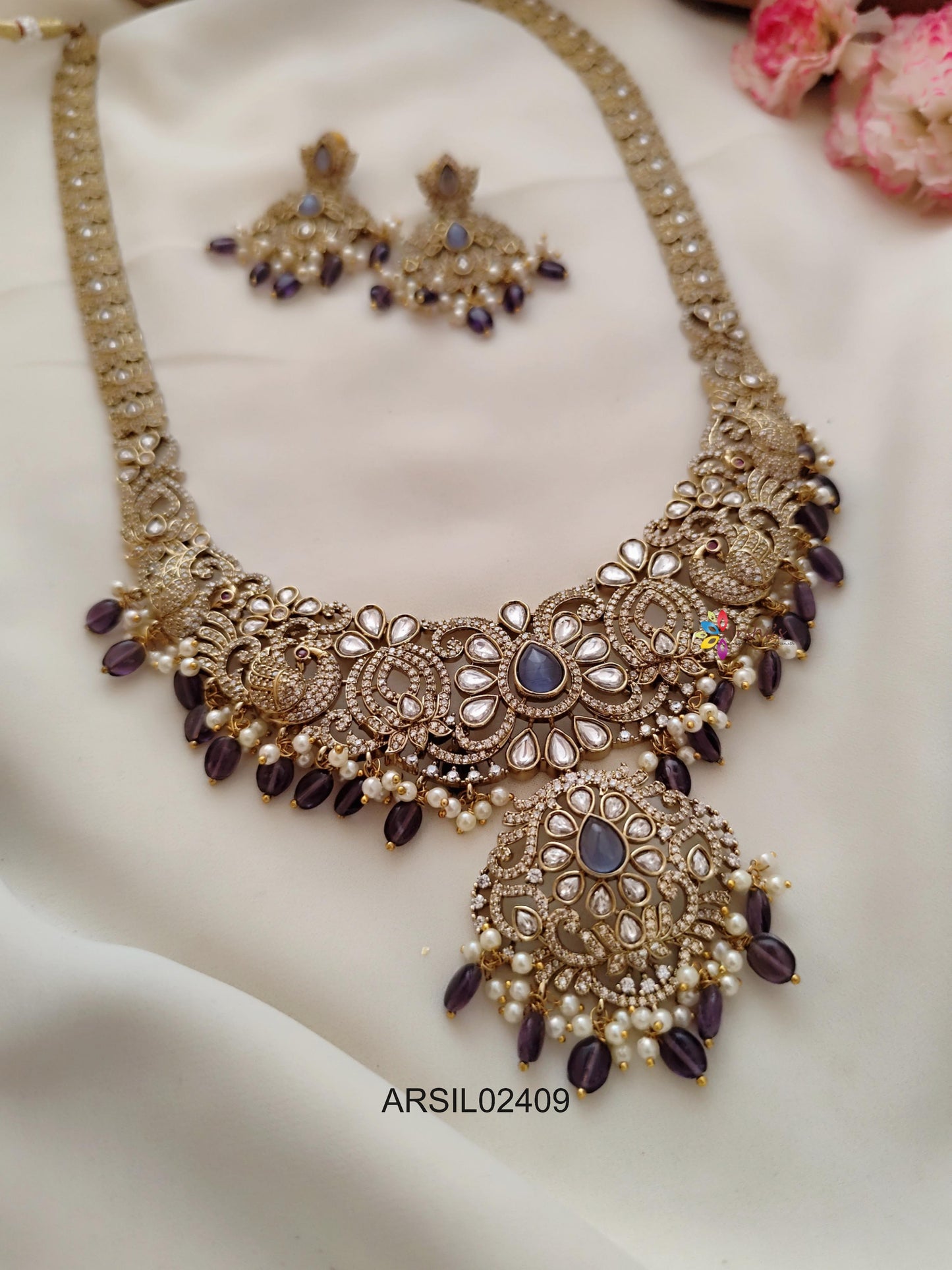 Lotus and Peacock AD Stone Purple Bead Long Haram